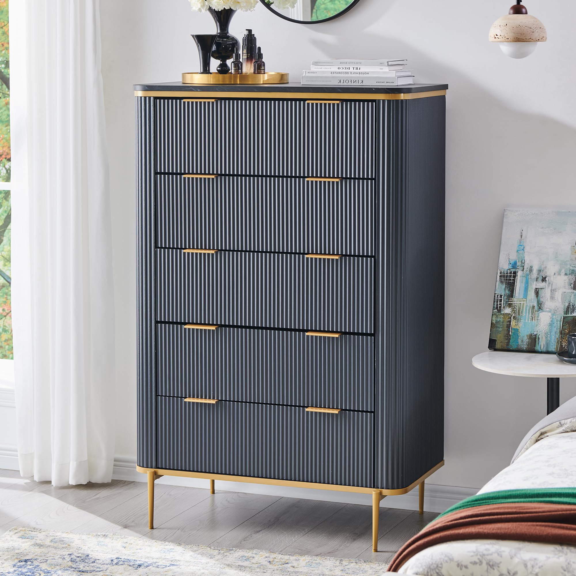 Amazon.com: T4TREAM Fluted 5 Drawers Dresser for Bedroom, 48" Tall Modern  Dresser Chest of Drawers, Gold Accents, Fluted Fronts, Wood Storage Dressers  Organizer for Bedroom, Living Room, Dark Grey : Home &