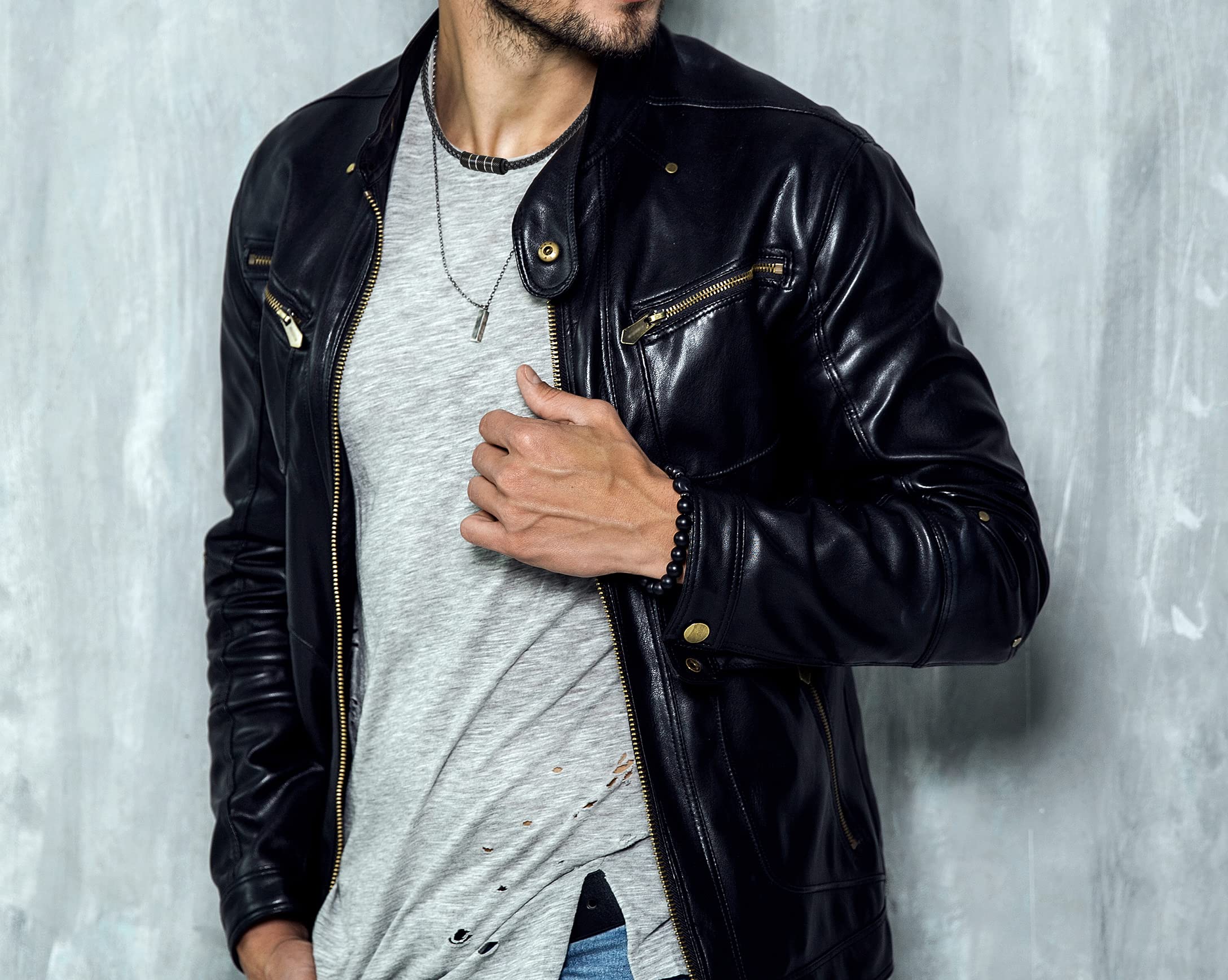 Herren-Kette aus Edelstahl mit Bead-Anhänger, geflochtene Lederkette