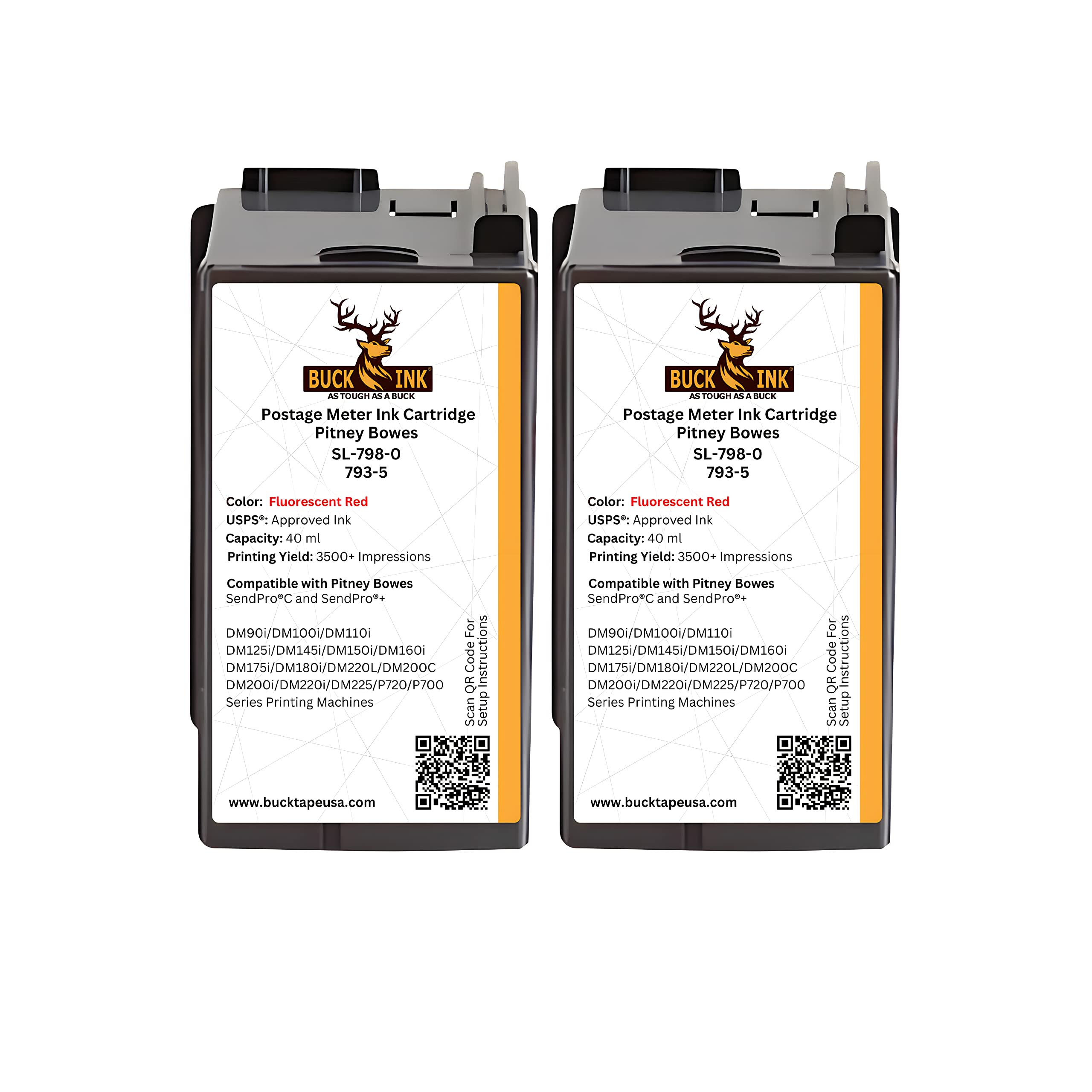 2 Pack Pitney Bowes 793-5 / SL-798-0 Replacement Fluorescent Red Ink Cartridge (40ml) for SendPro C, SendPro+ Compatible with DM100, DM100i, DM125i, DM150i, DM175i, DM200L, DM225 & P700 Postage Meter