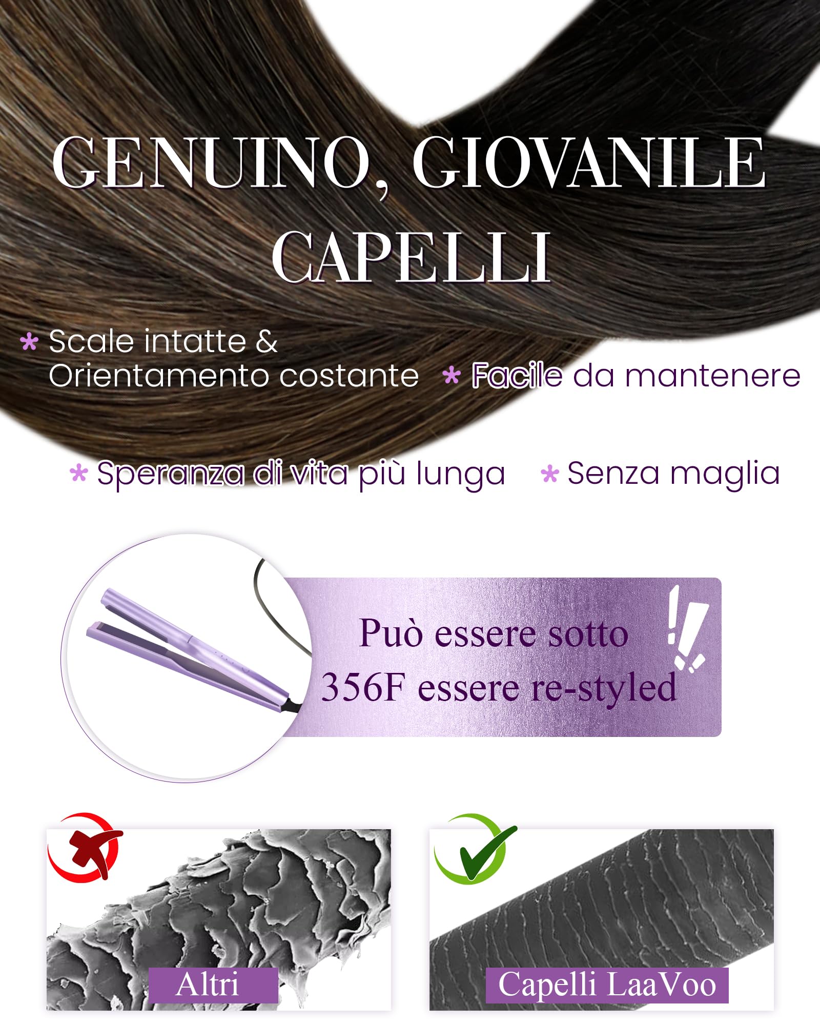 Totale 100g Extension Capelli Veri Cheratina Castano Scuro con Castano Scuro fino a Castano e Biondo Sporco 60cm
