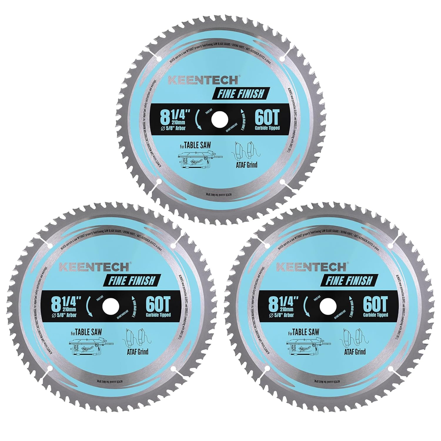 KEENTECH 8-1/4 Inch Table Saw Blade 60T by 5/8" Bore Fine Finish Cutting for Plywood, MDF, OSB, Longer Service Life, 3-Pack