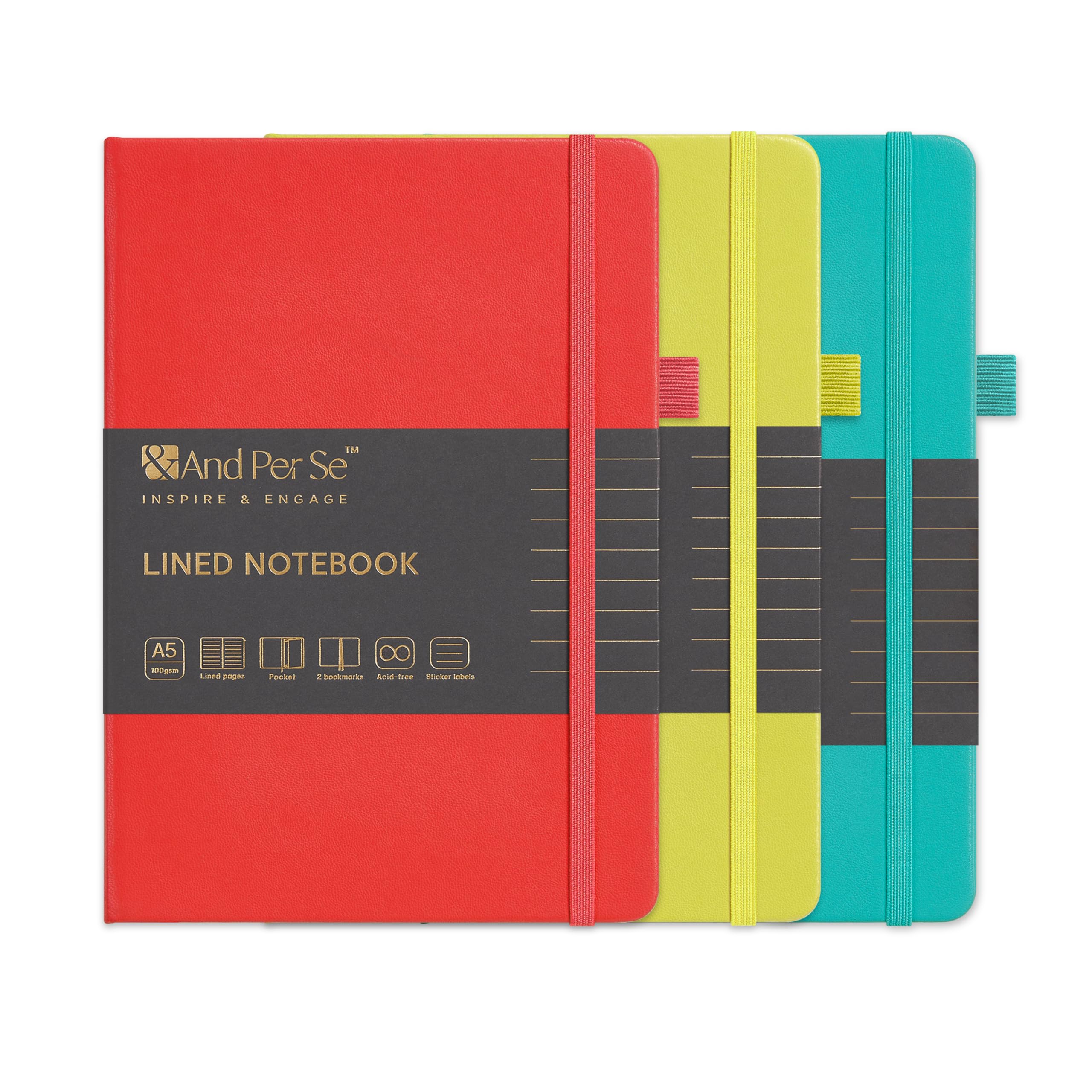 &And Per Se Lined Notebooks 3-Pack Gift Set, A5 Hardcover Journals, 160 Pages 100gsm Thick Paper, 3 Assorted Colors (Red, Turquoise & Lime Green) โ image 1