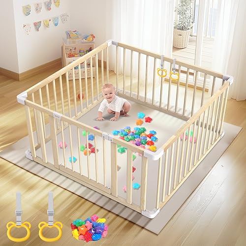 Corralito de madera para bebés y bebés, 43 x 43 x 25 pulgadas, fácil de montar, con 2 asas y 30 bolas oceánicas, centro de actividades de seguridad