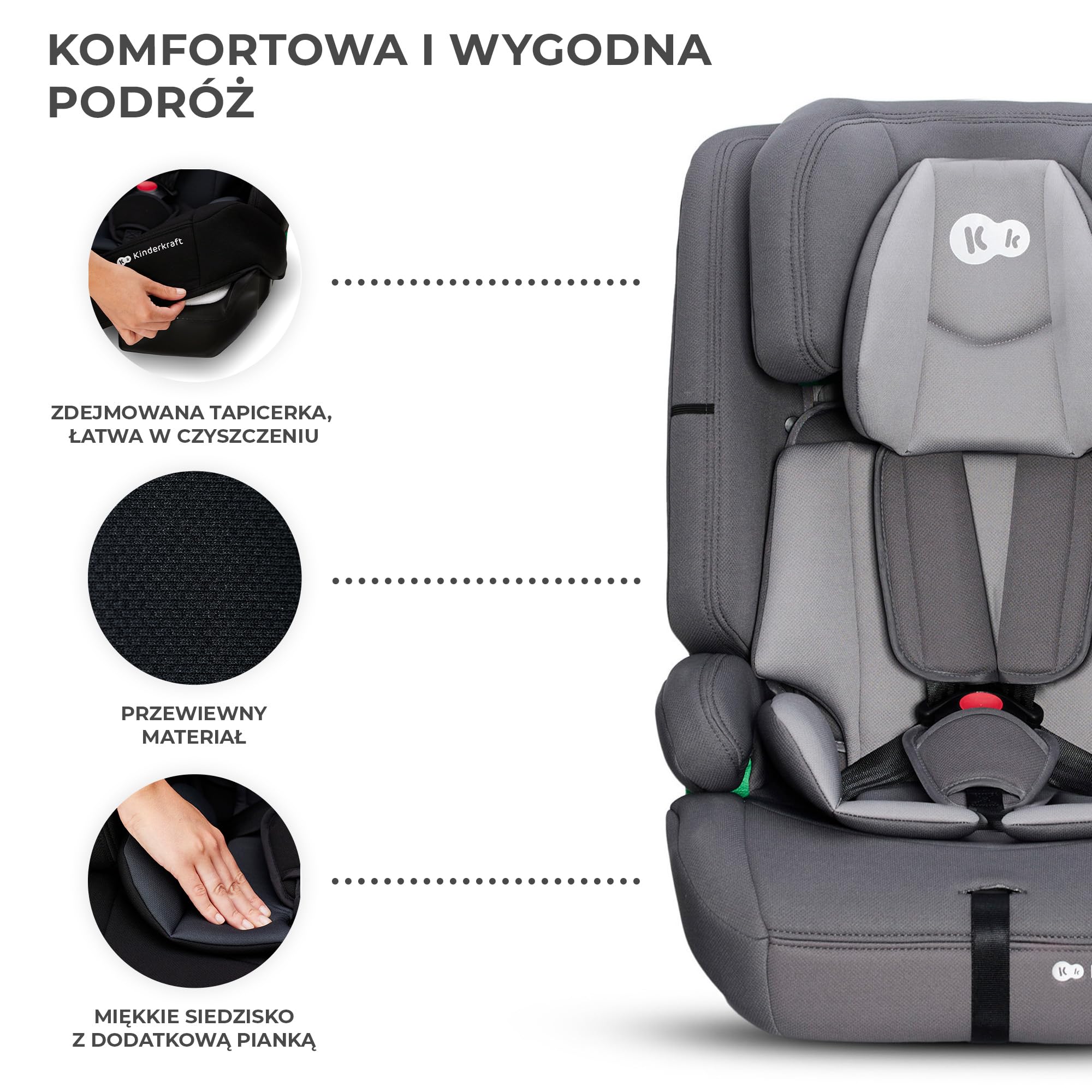 Kinderkraft SAFETY FIX 2 i-Size Fotelik samochodowy i-Size, Regulowany zagłówek, Płynna regulacja oparcia, ISOFIX, TOP TETHER, Zdejmowany pokrowiec, Norma R129, Grupa ECE I/II/III 9-36 kg, Szary