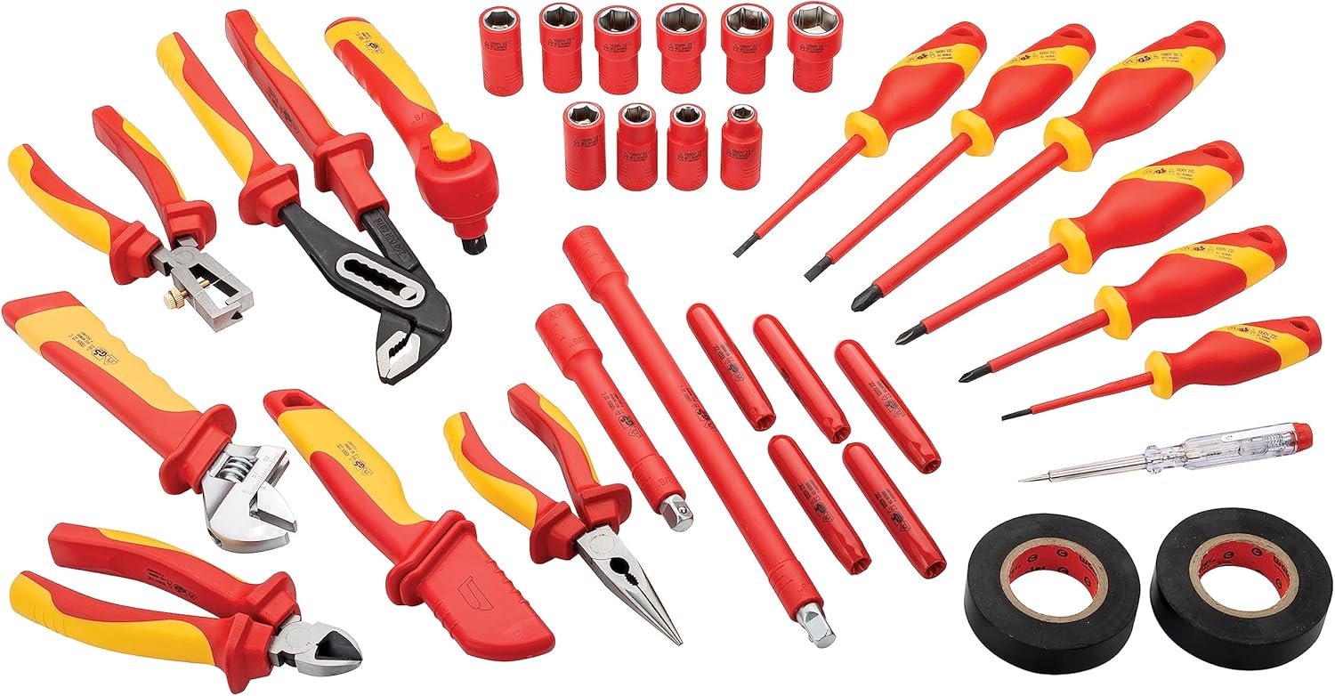 Powerbuilt 33-Piece VDE Tool Set, Insulated Ratchet, Screwdrivers, Sockets, Acessories, High-Voltage Electrical and Hybrid Vehicles, Home Repair, Certified High-Quality - 642938 Powerbuilt 33-Piece VDE Tool Set, Insulated Ratchet, Screwdrivers, Sockets, Acessories, High-Voltage Electrical and Hybrid Vehicles, Home Repair, Certified High-Quality - 642938