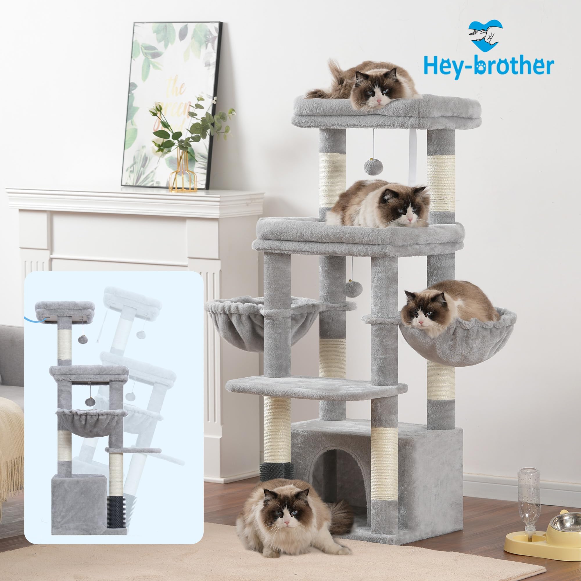 Hey-brother Kratzbaum für große Katzen, mit 2 Grosse Plattformen, MPJ070W | 130 cm Katzenbaum für Maine-Coons, symmetrische Struktur, Stabil, 2 korb, große Katzenhöhle, Kämmmaschine, Hellgrau