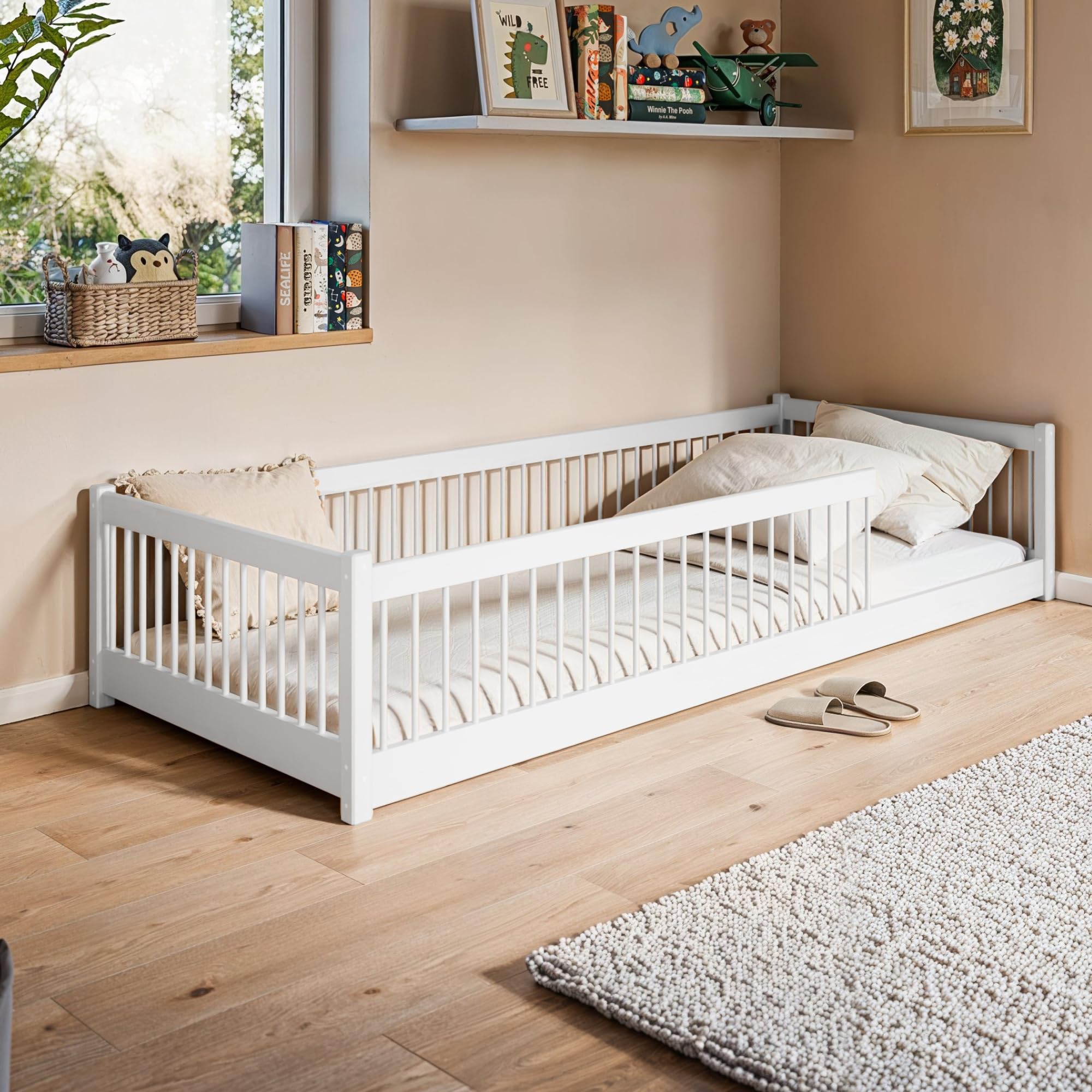 Letto a terra per bambini 90x190 cm con protezione anticaduta e rete a doghe Letto Montessori Letto a sponde Letto per bambini e ragazzi Letto singolo | Cioccolato fondente | dai 3 ai 12 anni