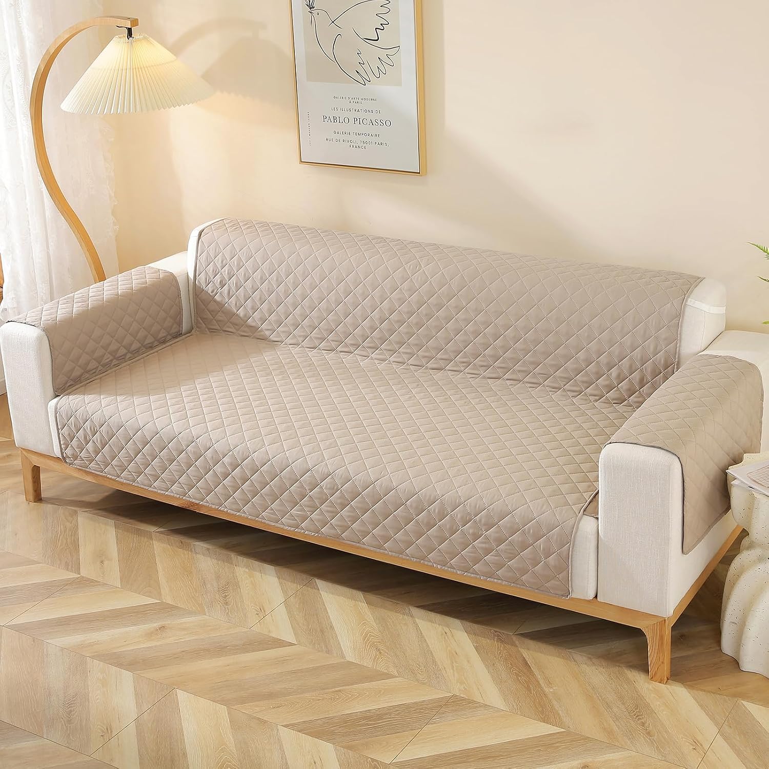 Double-Sided Water Repellent Couch Cover 4 Seater Sofa Slipcover with Elastic Straps Reversible Quilted Washable Furniture Protector Sofa Covers for Pets Kids (Khaki,4 Seater Sofa)