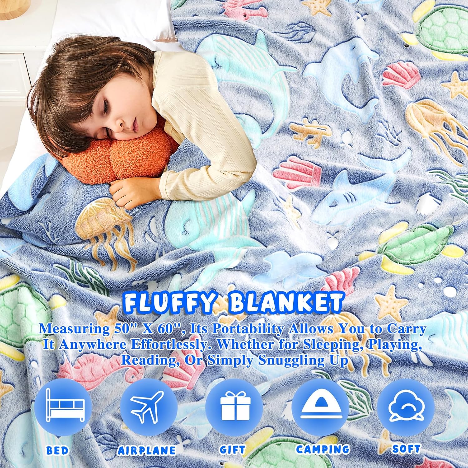 Inhand Shark Glow in the Dark Blanket Ocean Gifts for Boys Kids Throw Blanket Crab Turtle Coral Whale Dolphin Jellyfish Seahorse Toys for Kids Boys Birthday Christmas Cute Soft Room Decor Blue 50"X60" - Image 4