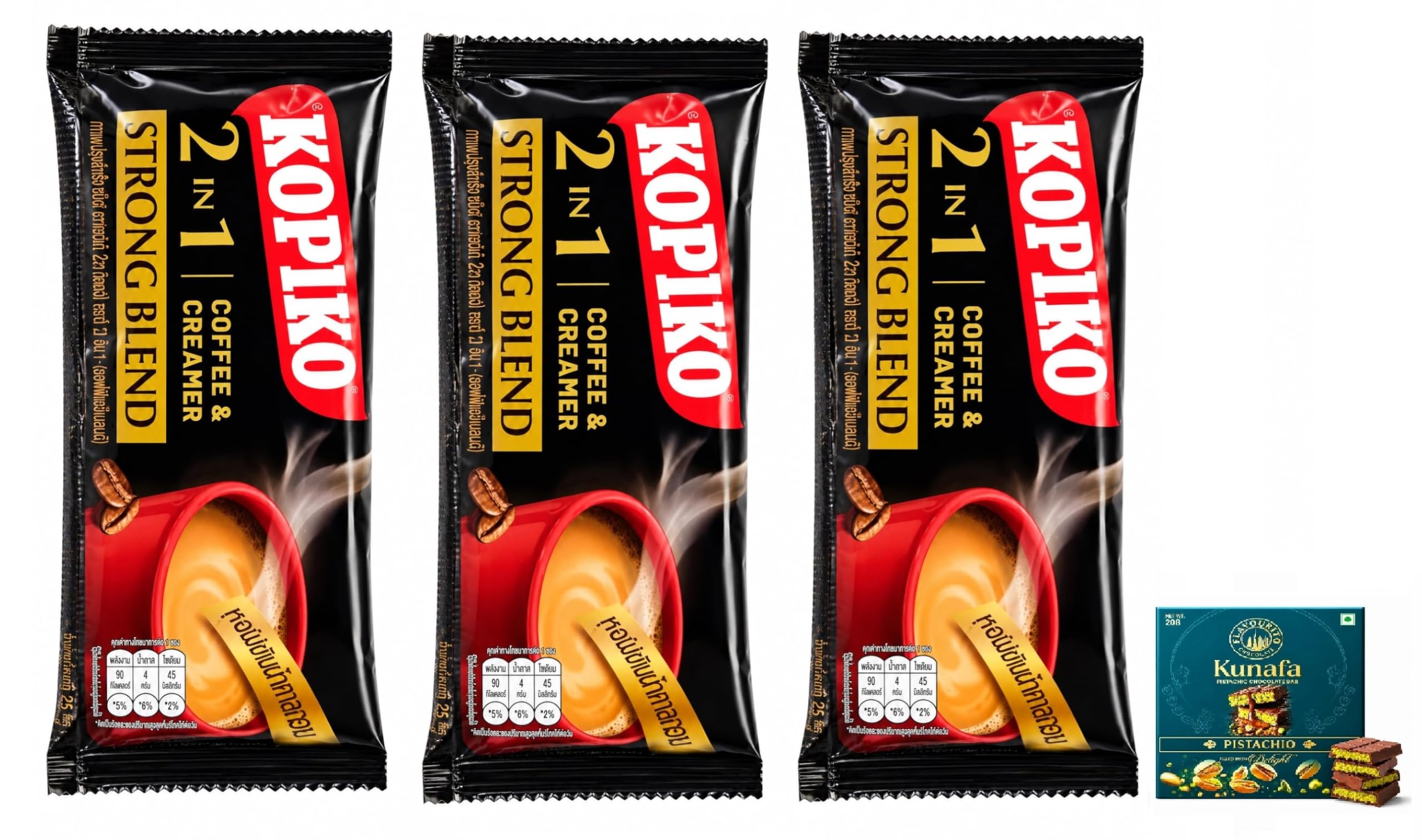 Kopiko's 2 in 1 Strong Blend Instant Coffee & Creamer Sachets (Pack of 3) 10g Each with Free Flavourito Kunafa Pistachio Chocolate Bar, 20g By Decadent Foods-image-18