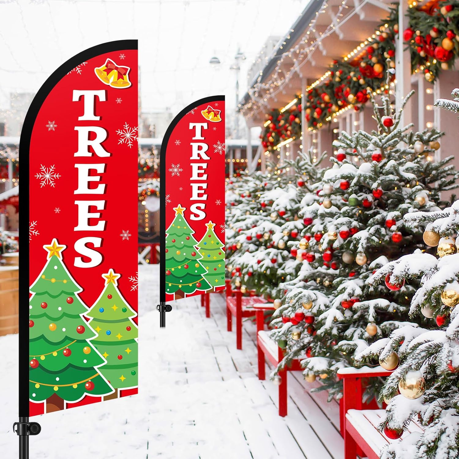 Hahafelt 2 Sets 8.2 ft Christmas Tree Feather Flag with Poles Christmas Windless Swooper Flags with Portable Bag Festival Signs Banner for Businesses Outside Decor Holiday Xmas Party Supplies