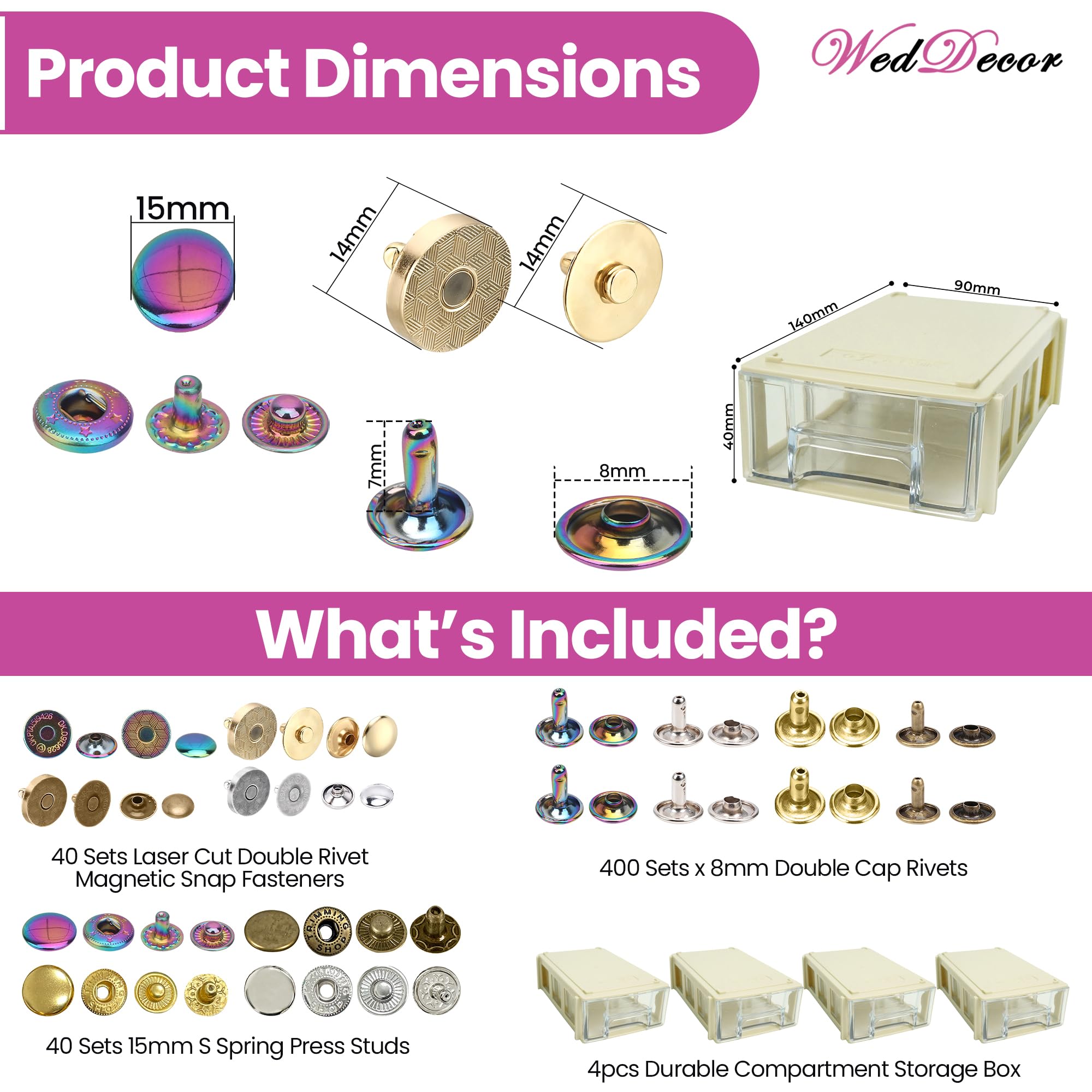 WedDecor Juego de remaches y cierres a presión, remaches tubulares de doble tapa de 8 mm, pernos de presión de resorte en S de 15 mm, cierres magnéticos de doble remache de 14 mm con caja de