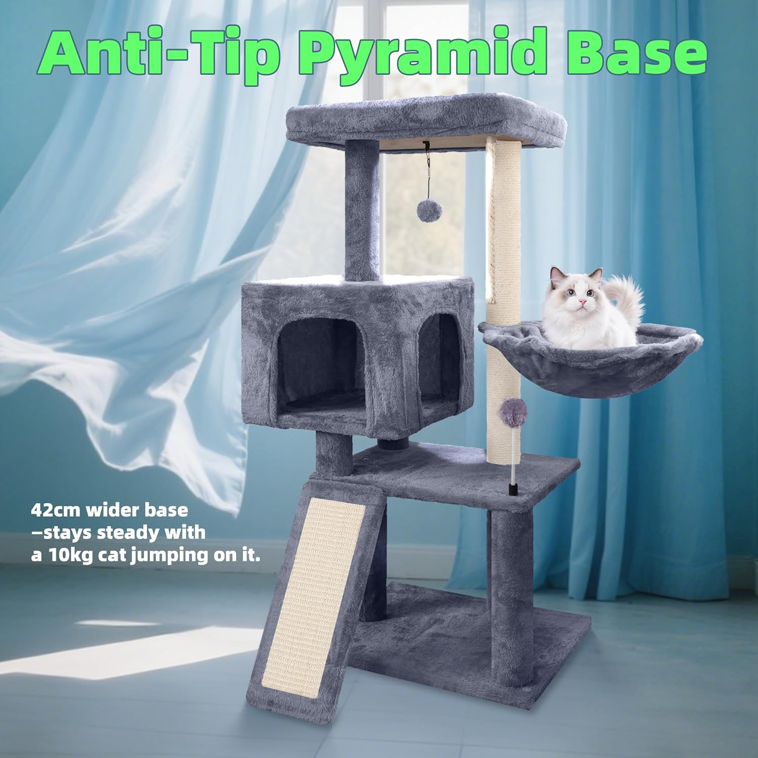 Cat Tree with Cat Condo and Hammock, Cat Tree with Scratching Posts and Scratching Pads, Cat Tower for Indoor Cats, Activity Centre Climbing Tree with Playful Toy Balls, Grey