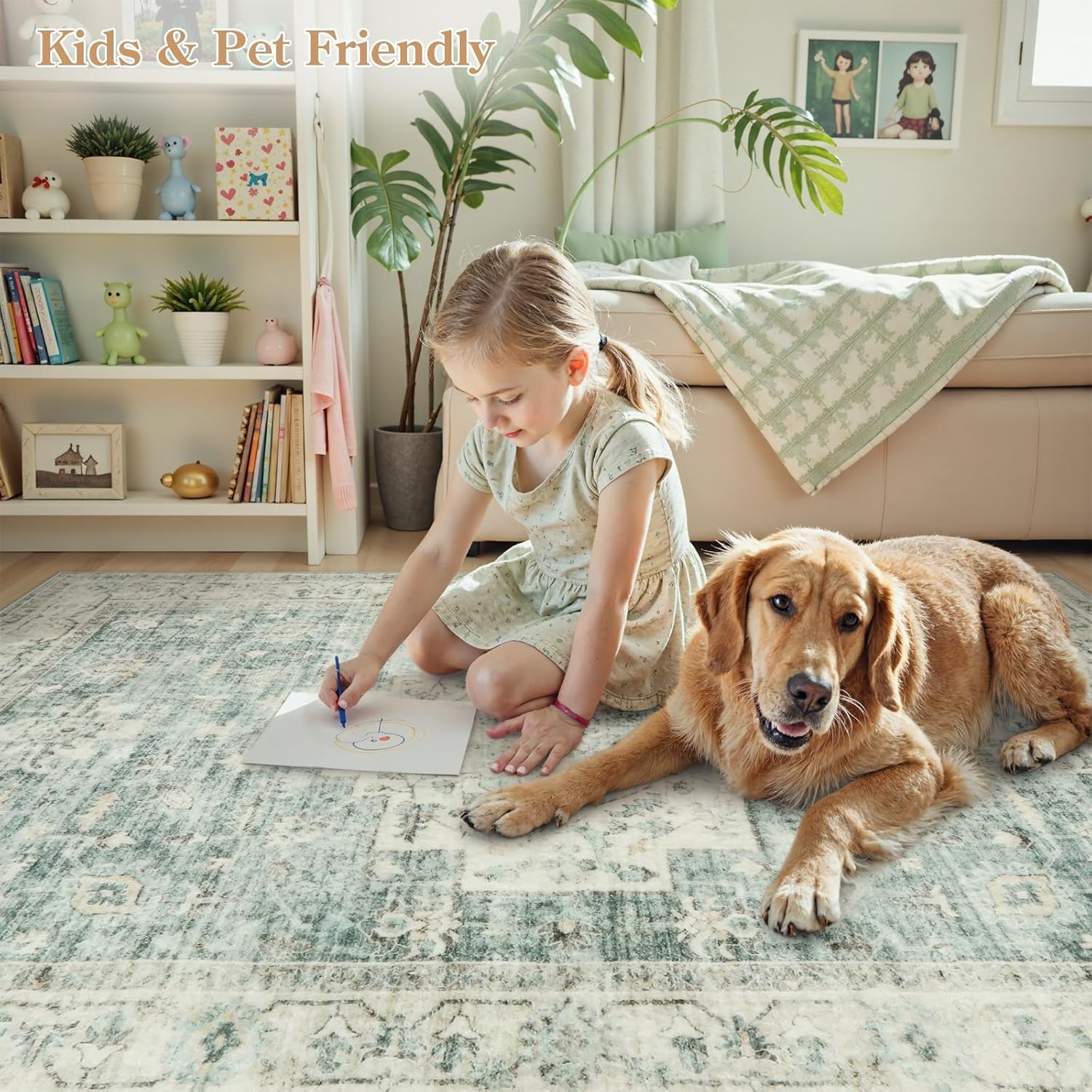 LIVEBOX Washable Area Rug 8x10 Rugs for Living Room Bedroom, Non-Slip Boho Indoor Carpet for Dining Room Office, Low-Pile Farmhouse Soft Carpets for Kids Nursery Playroom, Sage Green