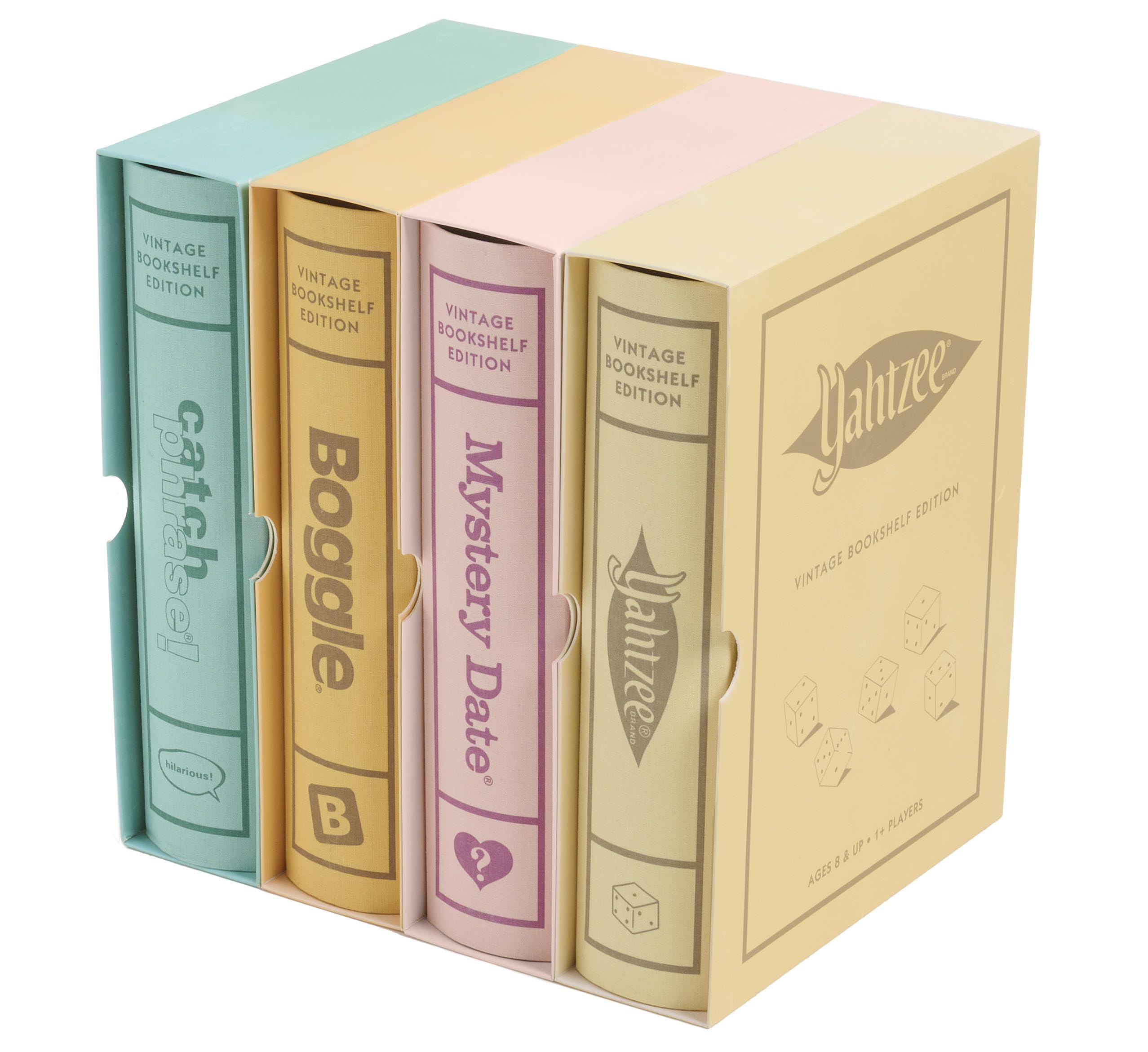 WS Game Company Boggle, Catch Phrase, Mystery Date, and Yahtzee Vintage Board Game Bookshelf Collection