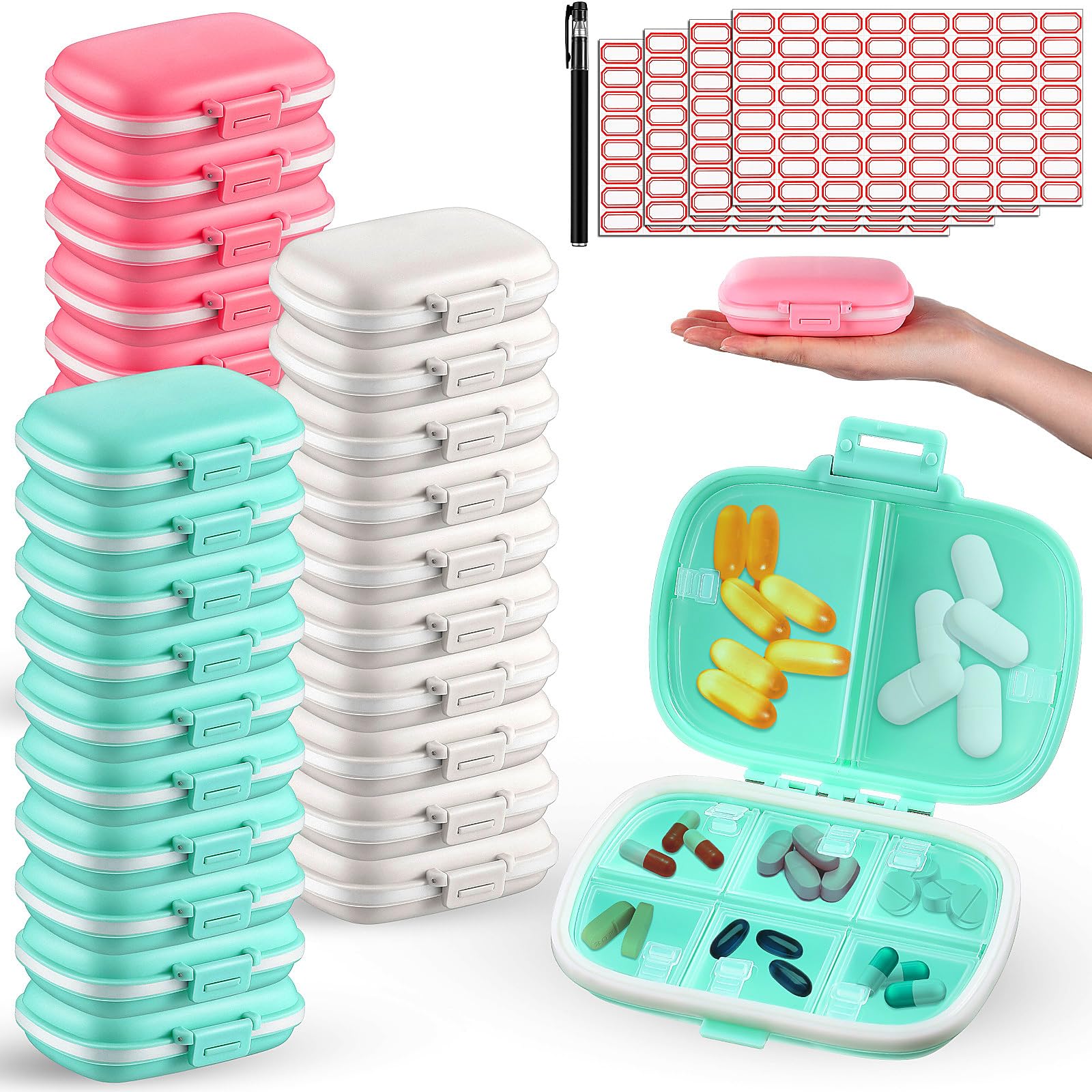 Layhit 30 Stück Reise-Pillendosen, 8 Fächer, Pillen-Organizer, kleine Pillendose, tragbar, Medizin, täglicher Vitamin-Organizer mit 256 Etiketten, 1 Stift für Tasche, Geldbörse, Medizinhalter (Rosa,