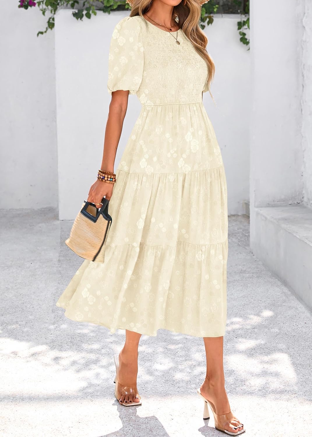 KIRUNDO Womens Summer Dresses Wedding Guest Floral Midi Sundress Short Puff Sleeve Flowy A Line Smocked Tiered Boho Dress - Image 5