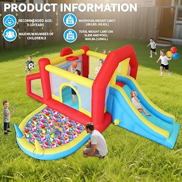 9 in 1 Inflatable Bounce House Kid Trampoline with Tall Slide, Ball Pit Pool, Skill Soccer, Throwing Sandbags Game, for Home Party or Outdoor Ages 3-10 with 520W Blower 190x138x76