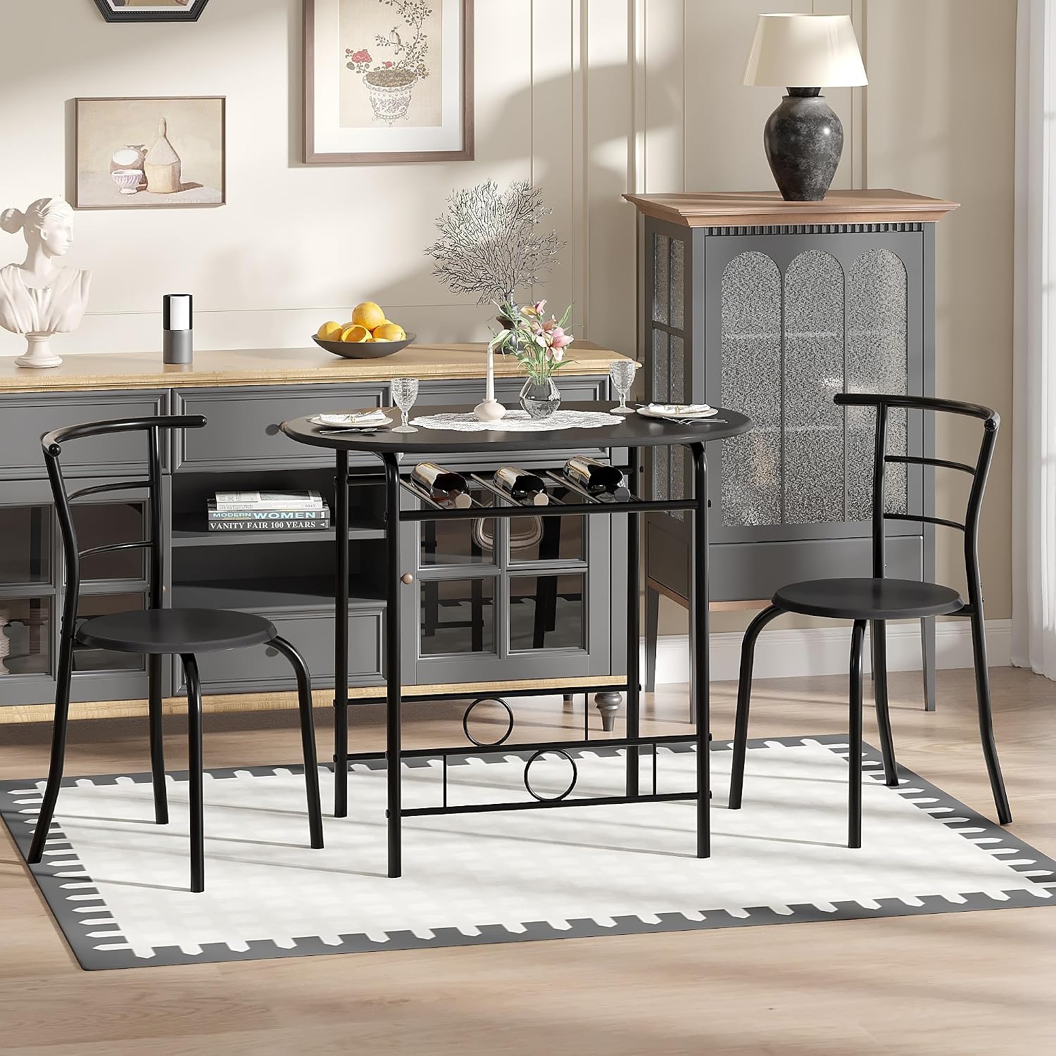 VECELO 3-Piece Dining Table Set for Kitchen Breakfast Nook, Wood Grain Oval Tabletop and Metal Frame with Built-in Wine Rack, for Small Spaces, Black