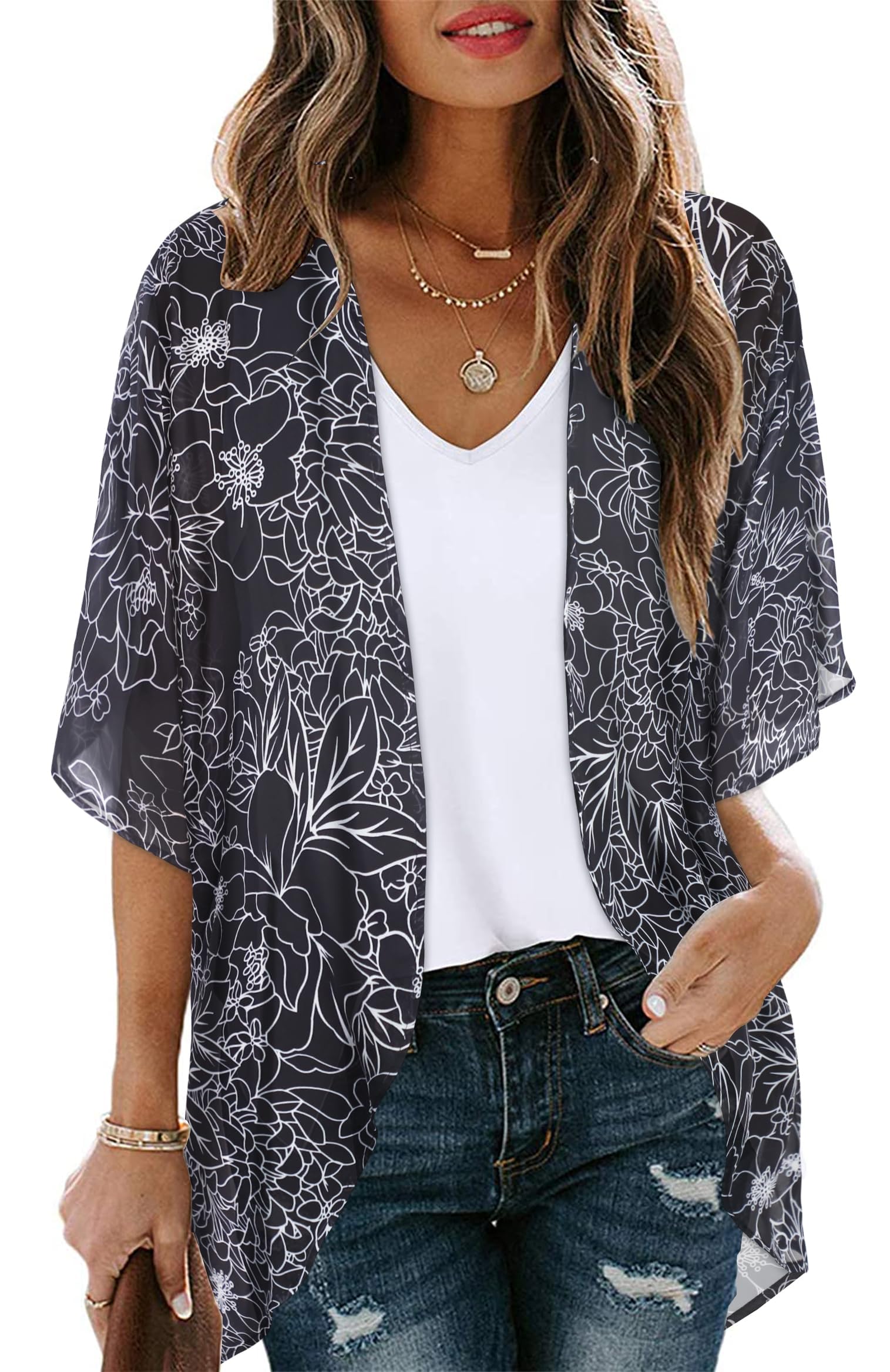 Women's Floral Print Puff Sleeve Kimono Cardigan