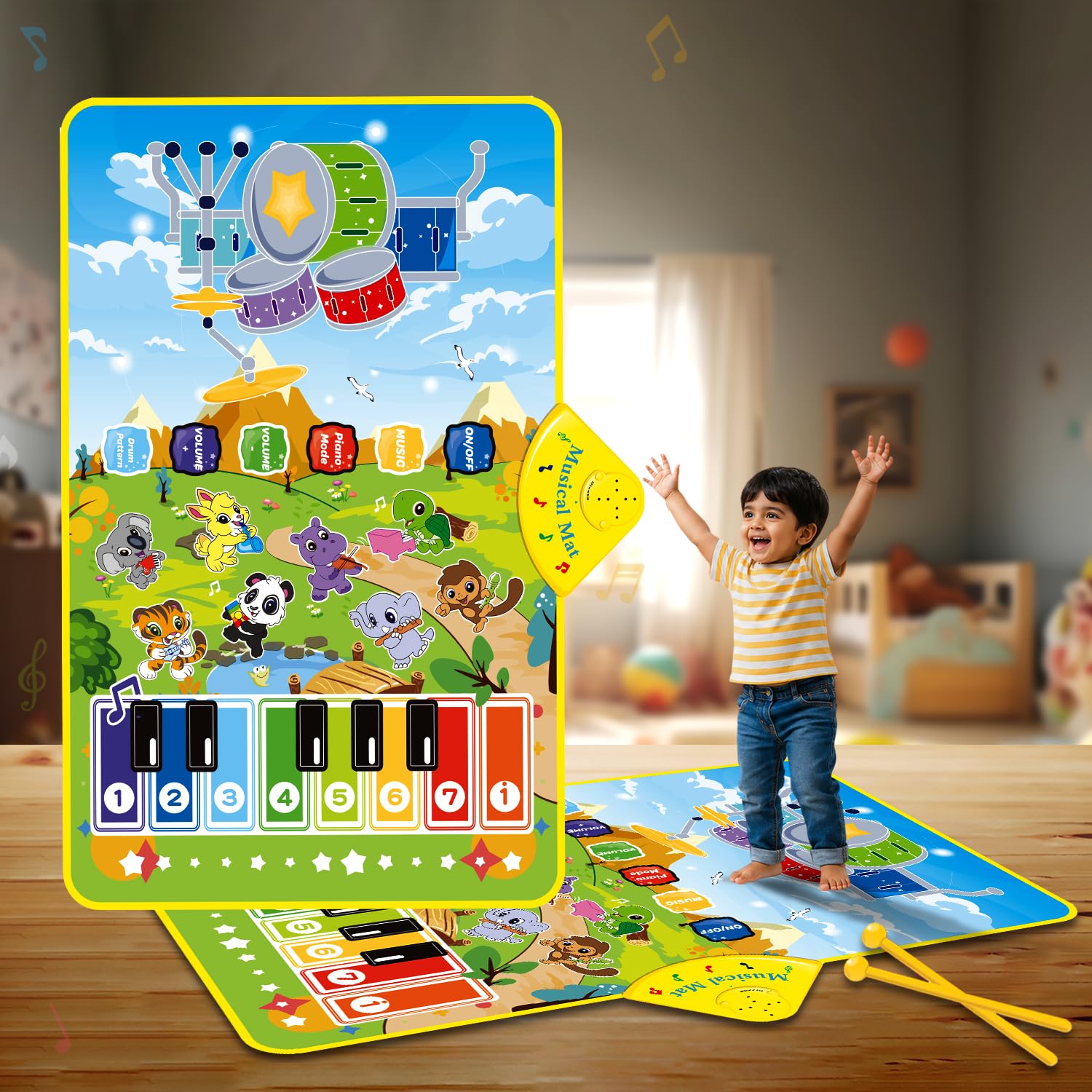 3-in-1 Piano Mat for Kids, Musical Piano Mat – Drum, Piano & Instrument Sounds with 2 Sticks, Animal Prints, Educational Toy for Toddlers 12M+ Ideal for 1-3 Years - Green-image-33