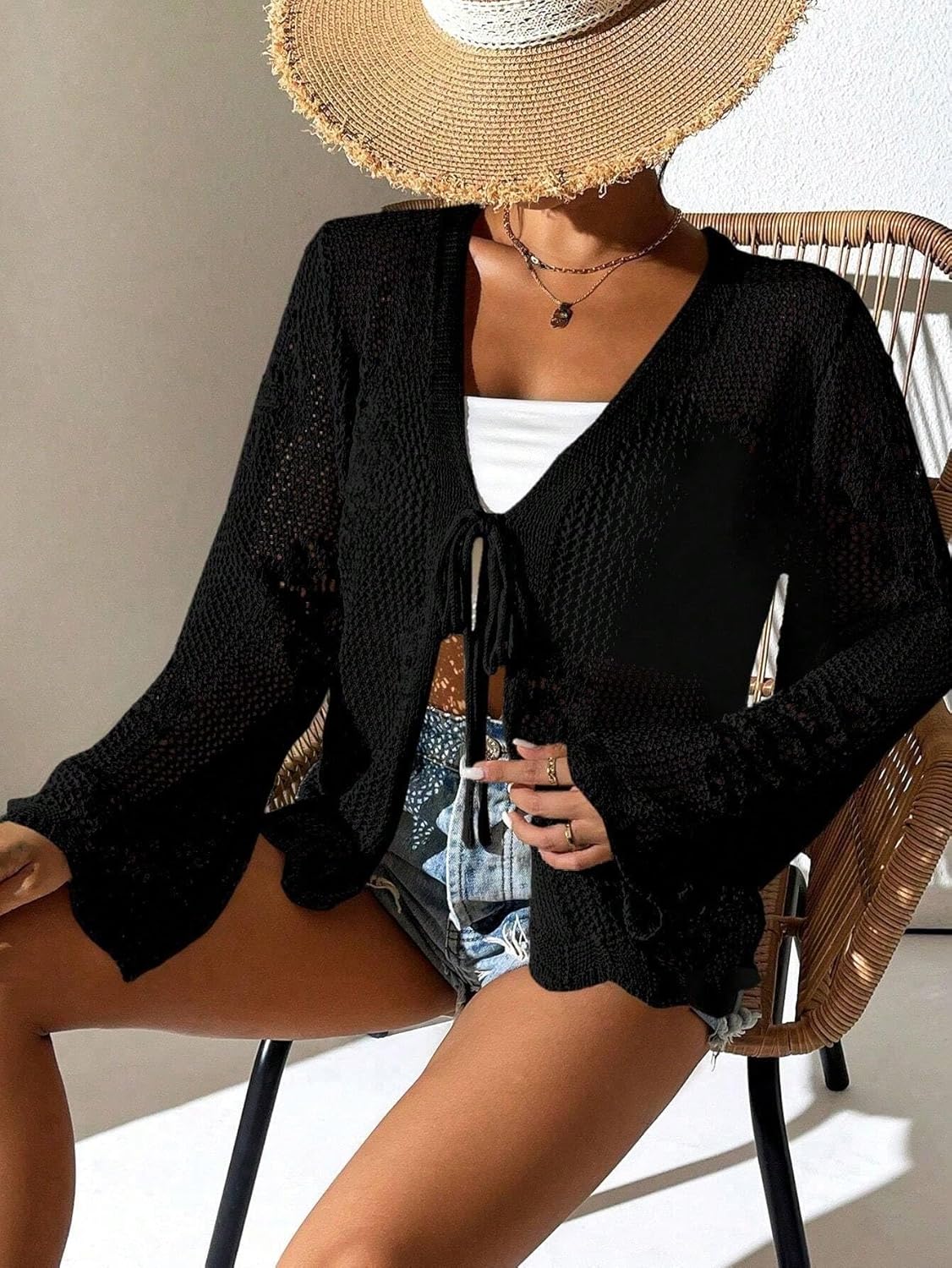 Urchics Womens Casual Cardigan Summer Beach Long Sleeve Hollow Out Tie-Front Crochet Cardigan - Image 4