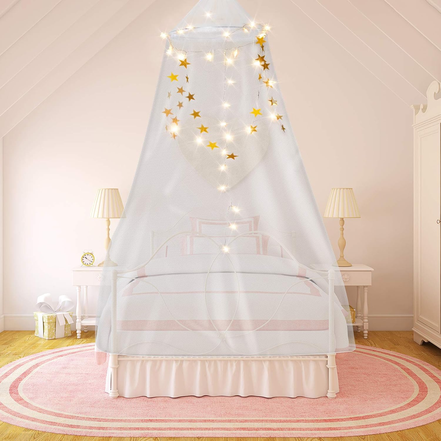 Tatuo Mesh Net Hanging Bed Canopy Netting Bed Canopy and 40 LED Twinkling Star String Light and 4 Meters Star Hanging Garland for Single to King Size Beds (White)