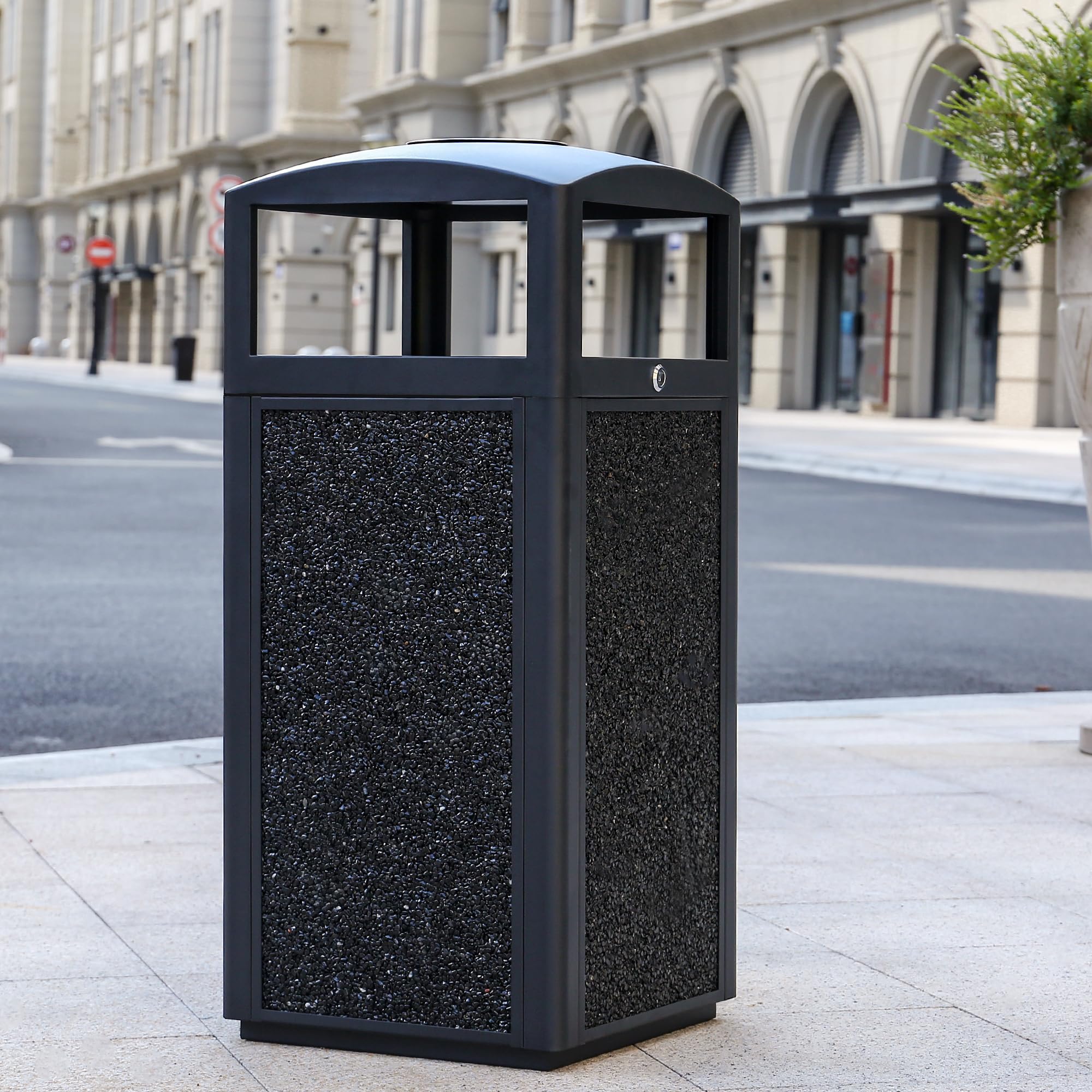 Photo 1 of CrazyAnt Commercial Outdoor Trash Can with Lid, Heavy Duty Outside Gabage can with Top Tray,Removable Metal Inner Bucket, Commercial Waste Container with Stone Panels for Parks and Public Spaces