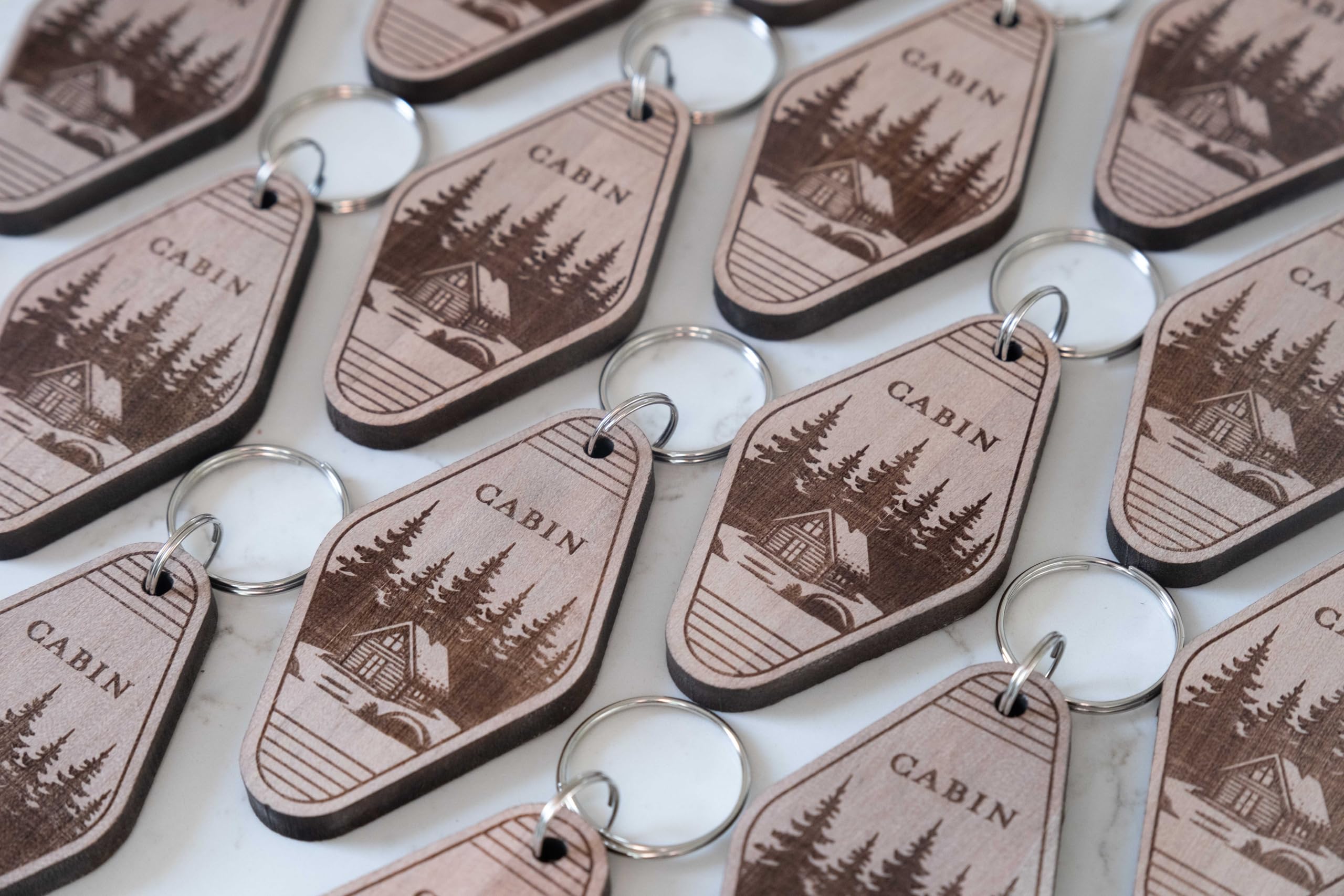 (2 Pack) Cabin Keychain – Double-Sided Laser Engraved – Real Wood – Rustic Cabin Gift