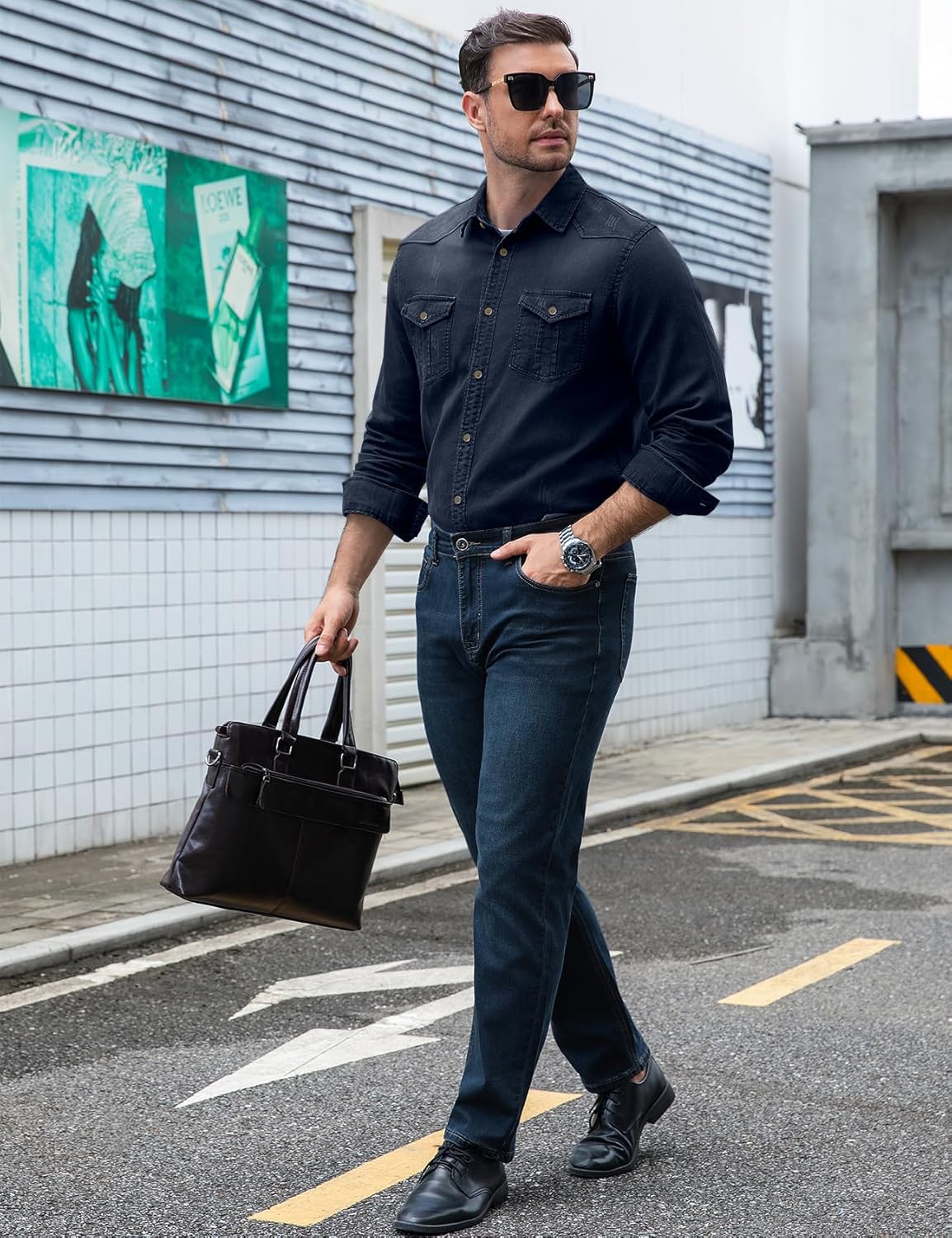 Kissonic Mens Denim Shirt Long Sleeve Slim Fit Jean Shirt for Men Button Down Causal Striped Denim Shirts - Image 5