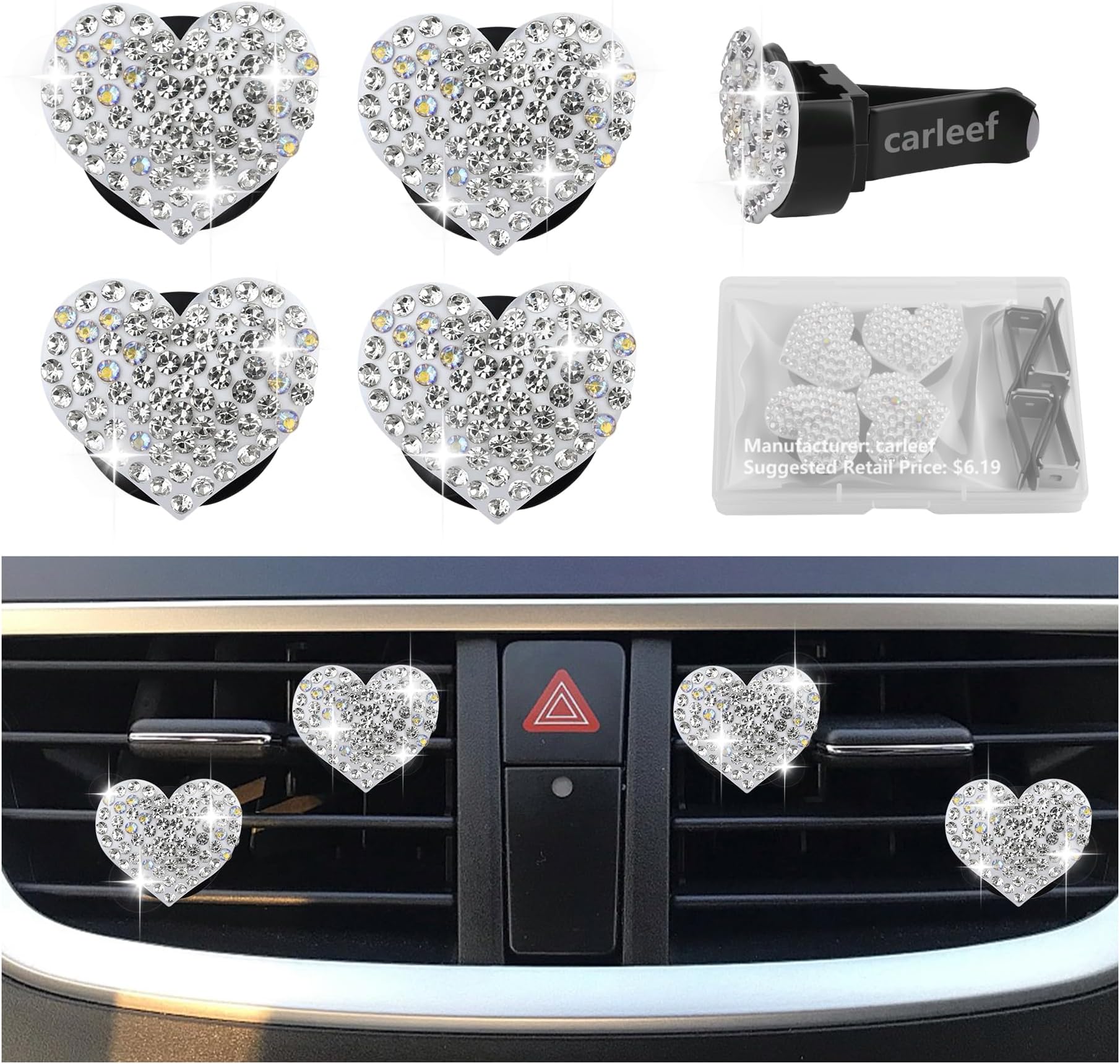4PCS Heart-Shaped Car Vent Clips with Rhinestone,Bling Air Vent Clips Car Decorations,Premium Shiny Car Clips for Vents CCar Accessories Interior for Cars,Trucks,SUVs (White)