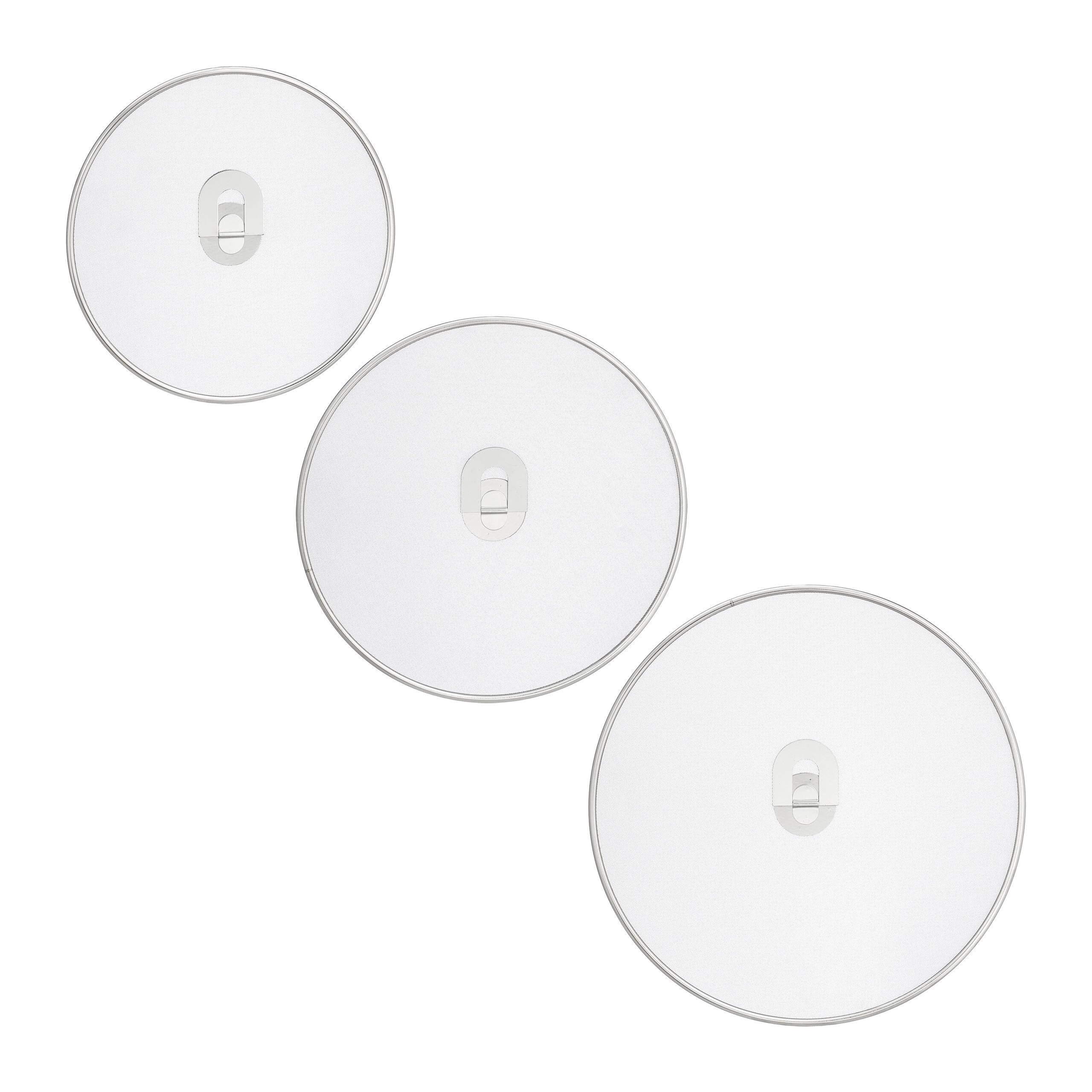 Relaxdays Set of 3 Splash Guard for Pans, Stainless Steel, Ø 25 & 29 & 33 cm, Grease Splatter Protection Handle, Silver, 0.5 x 32.5 x 32.5 cm