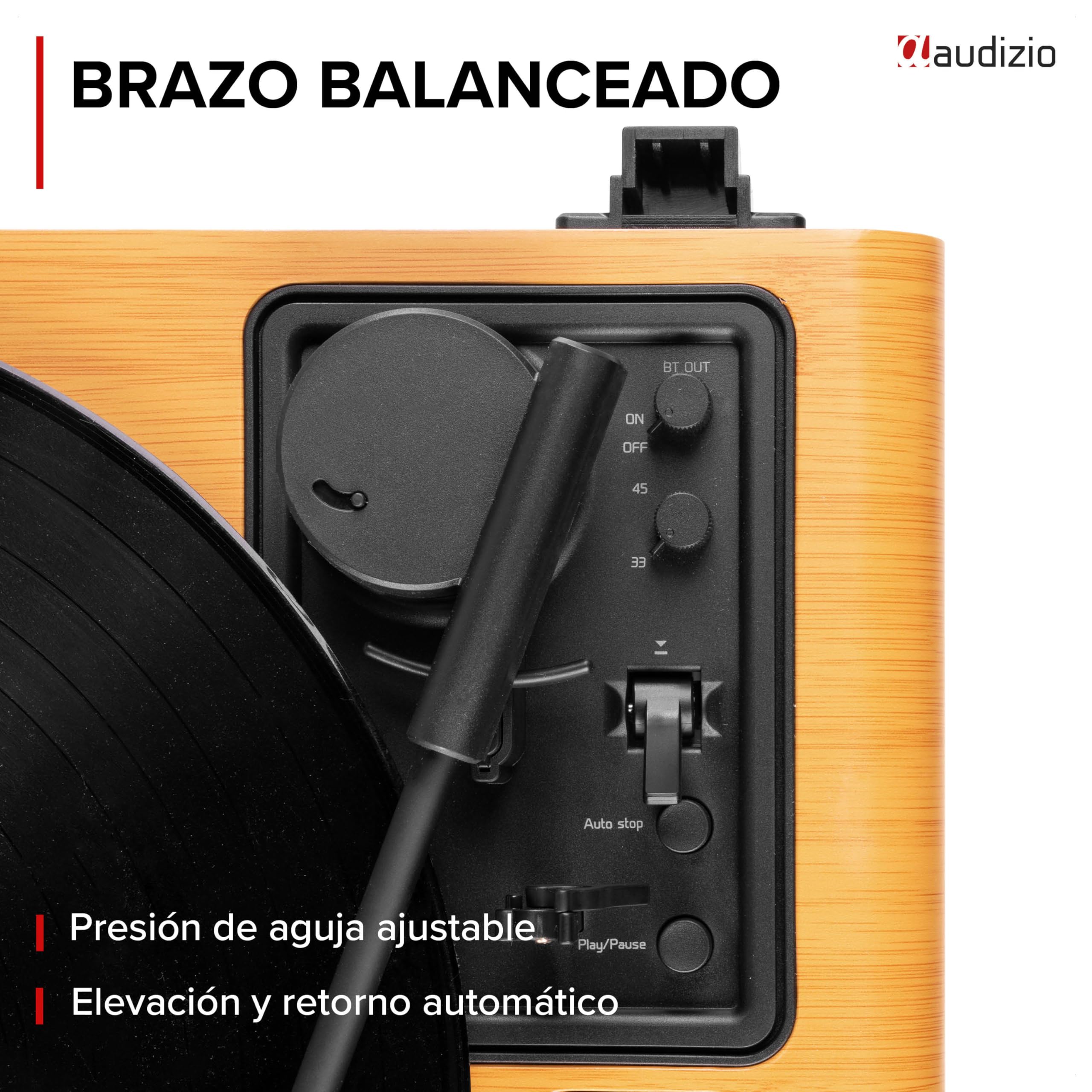 Audizio Laredo – Tocadiscos de Vinilo Bluetooth con Altavoces HiFi 160W, cápsula Audio Technica, Gira Discos con Plato de 29 cm, giradiscos Vinilo con RCA y BT in/out, Acabado en bambú