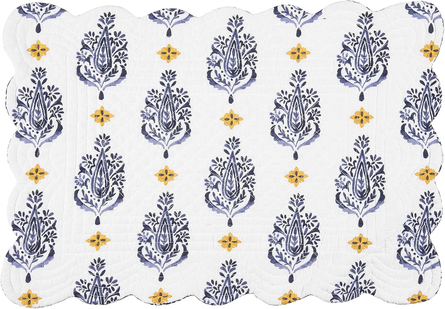 C&F Home Serena Quilted Placemats Set of 6 Placemats Machine Washable Scallop Edge Rectangle Blue and Yellow Floral Pattern Cotton Reversible 13" x 19" Blue