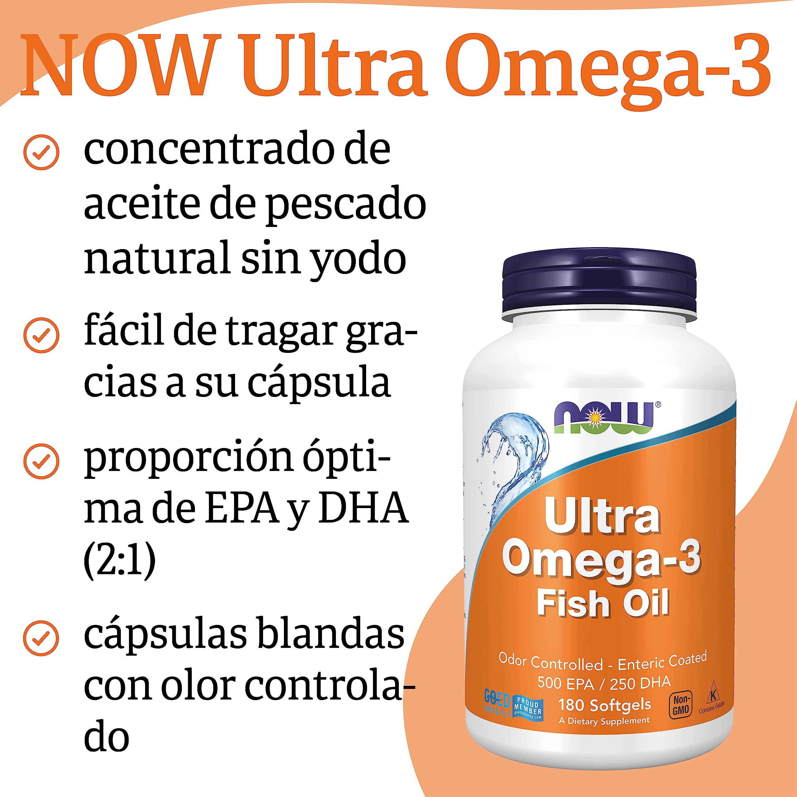 Now Foods, Ultra Omega-3, 500 EPA / 250 DHA, 180 Cápsulas blandas, Probado en Laboratorio, Aceite de Pescado, Sin Gluten, No GMO