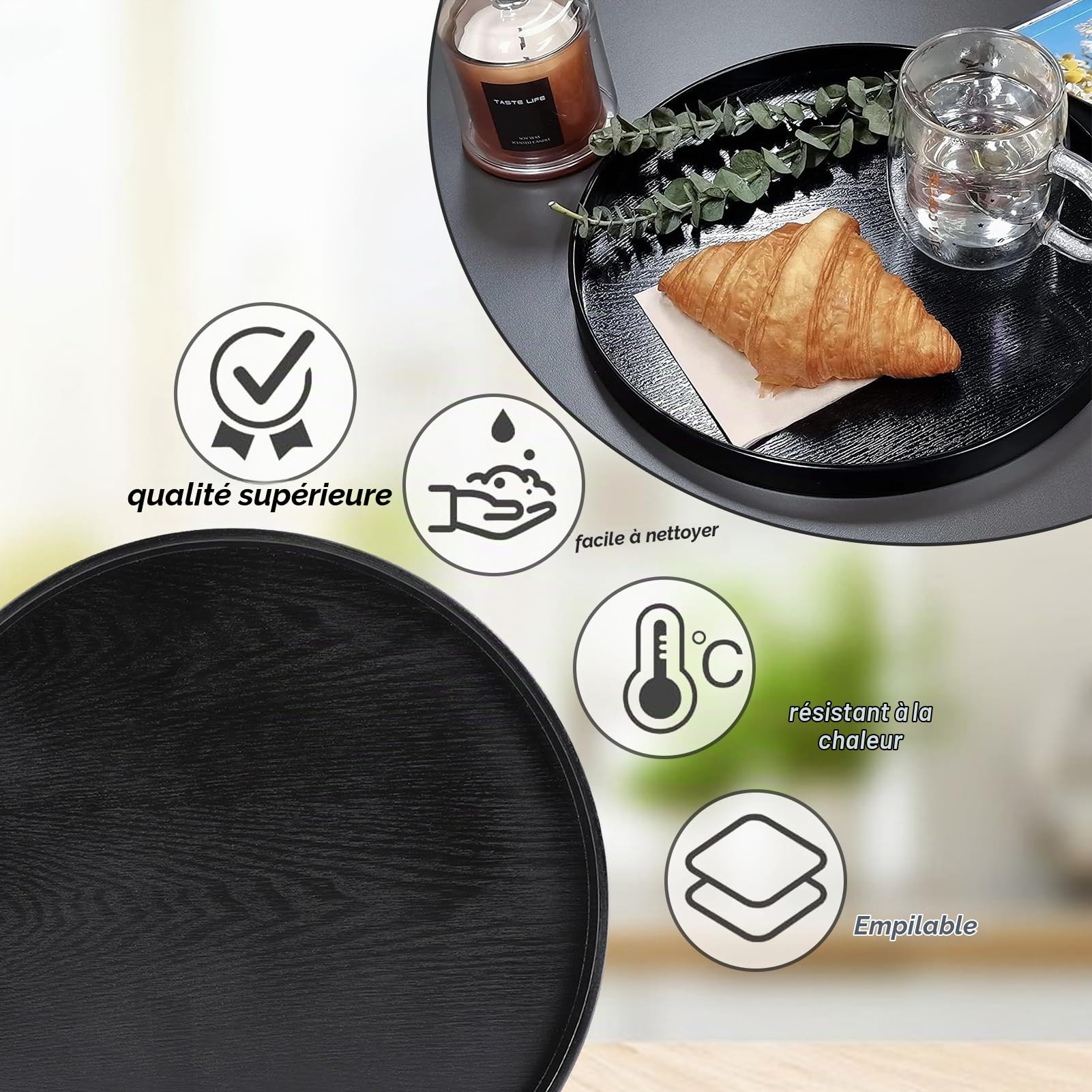 Plateau de Service Rond en Bois Massif, Noir, 37,5 cm, pour Thé, Café, Collations et Repas