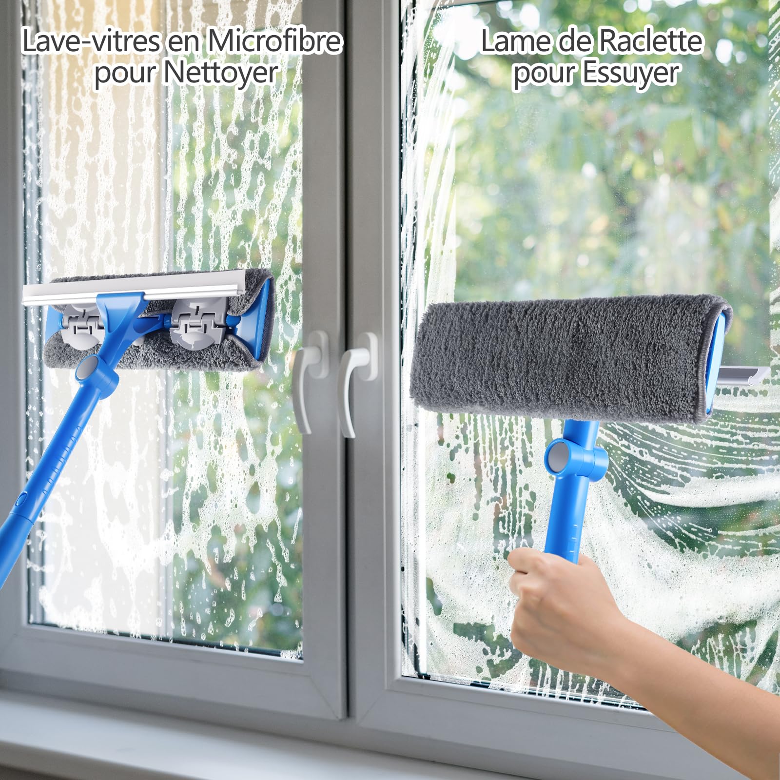 Mitclear 2 en 1 Raclette à Vitres avec Long Manche(475cm), Lave vitre aven Raclette et Microfibre, Kit de Nettoyage de Vitres Professionnelle pour fenêtres Hautes, Salle de Bain, Douche, Voiture