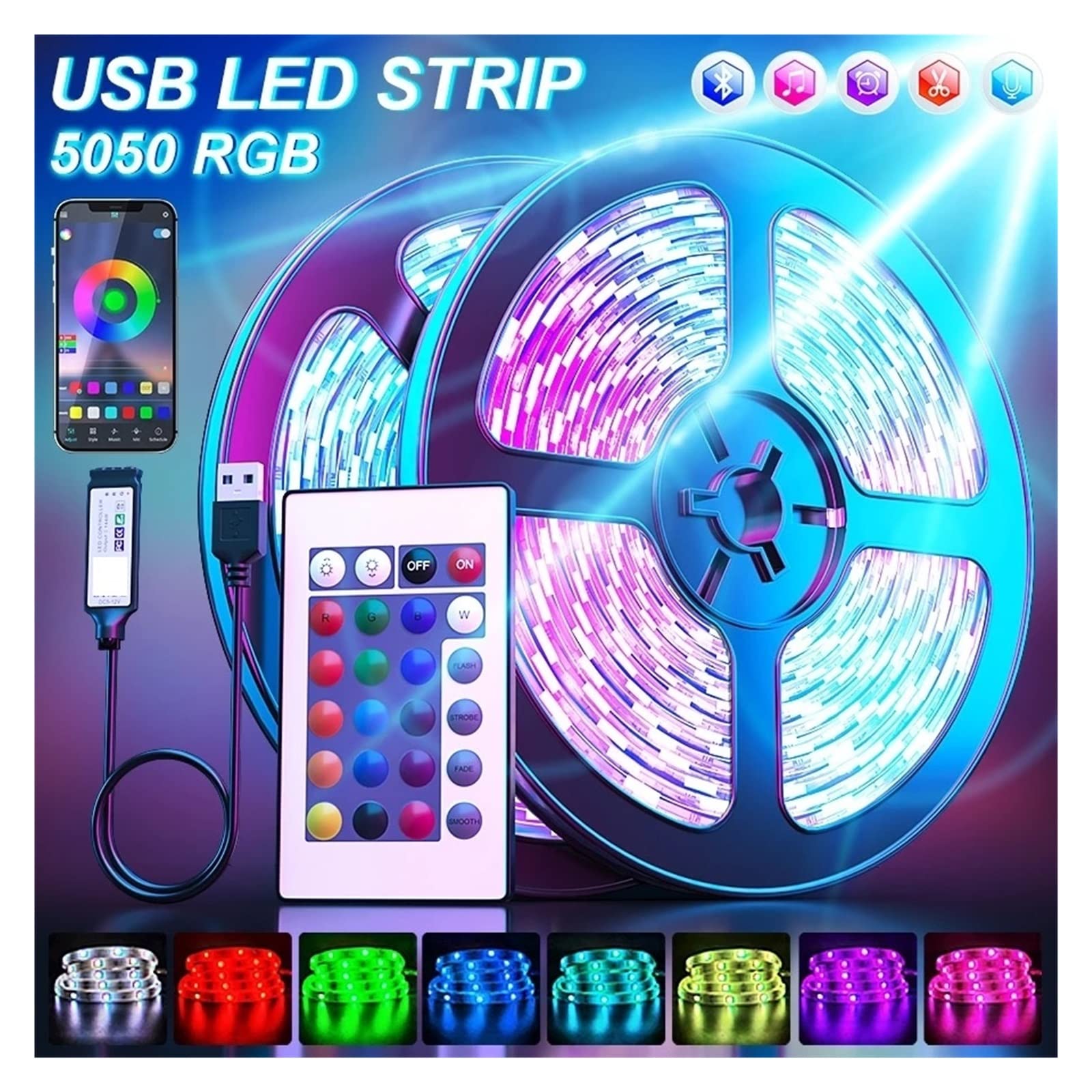 Taśma świetlna LED, sterowanie RGB, zmieniające kolory, z 24 przyciskami, pilot zdalnego sterowania, tryb 5050, do dekoracji pokoju, telewizor Bluetooth, SMD5050 RGB (BT 44 klawisze, pełny
