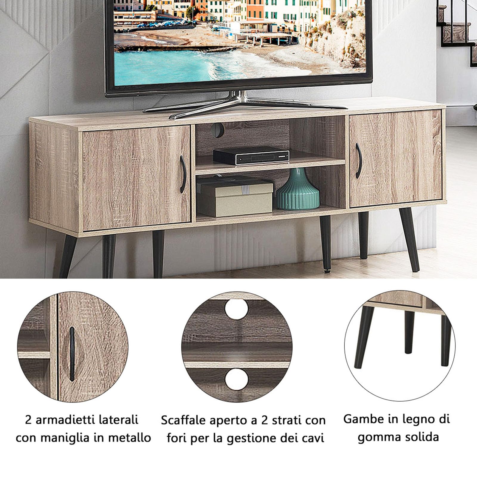 COSTWAY Mobile Porta TV Moderno, Supporto per TV con 2 Armadietti, Mensola Aperta, per TV fino a 65 Pollici, per Salone, Camera da letto, Corridoio, 147 x 39,5 x 62 cm