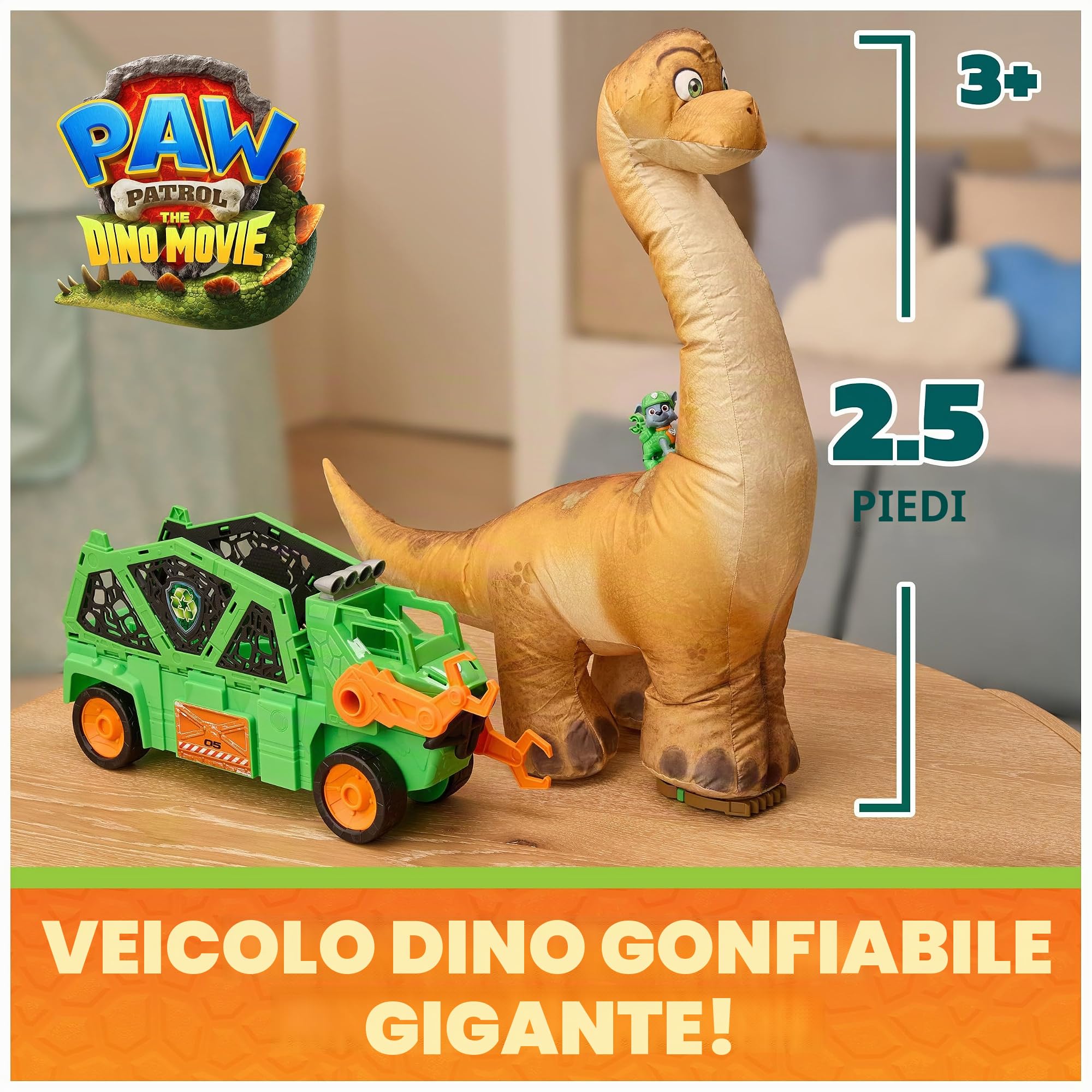 Paw Patrol: The Dino Movie, Megasaurus Dino veicolo con dinosauro giocattolo gonfiabile da 76,2 cm e personaggio Rocky, giocattoli per bambine e bambini in età prescolare dai 3 anni in su