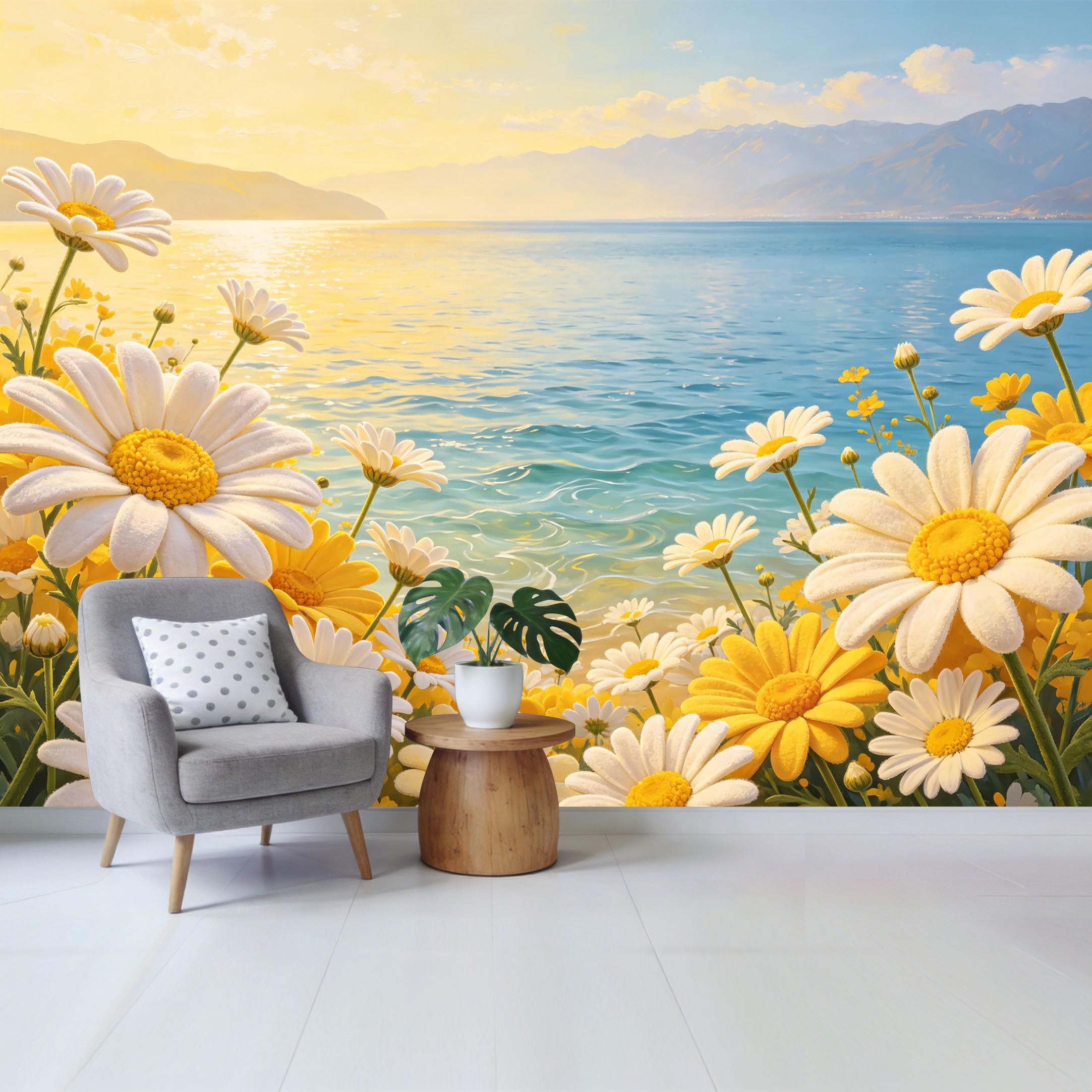 Qzlithotic Yq2605251150 Custom Size Wall Mural Golden Daisy Flowers Lake Landscape Watercolor Style Selfadhesive Wall Fabric Removable Wallpaper For Home Office Decor