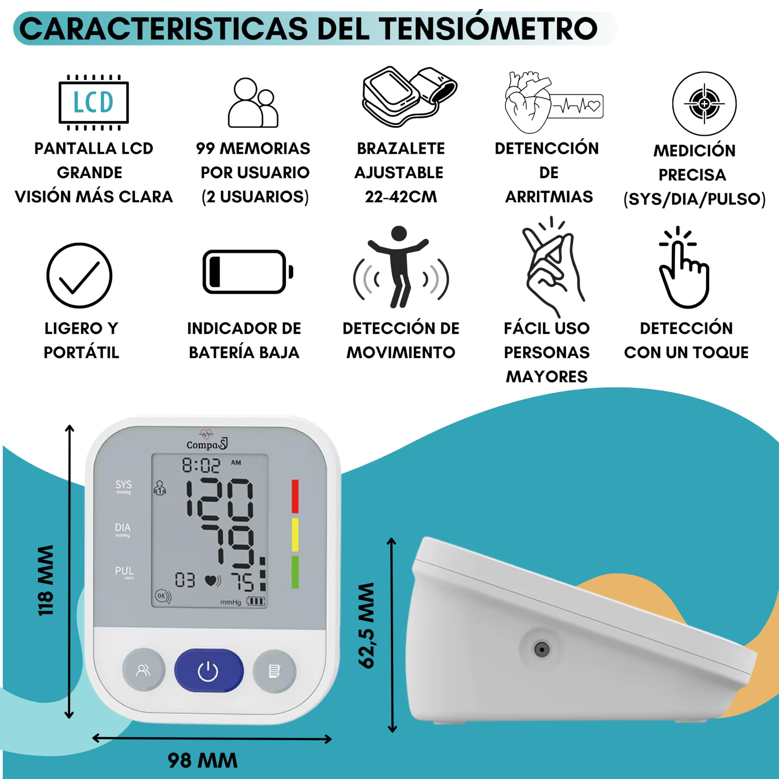 Tensiómetro de brazo Monitor de Presión Arterial Digital Detección de Arritmia, Medición Precisa, Memoria hasta 99 lecturas, Brazalete Ajustable 22-42cm, para Mayores Familias. Incluye Pilas