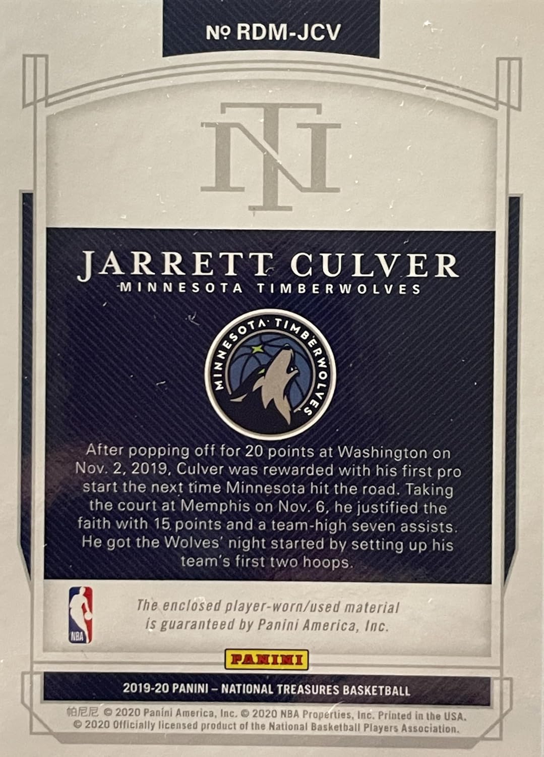 2019-20 Panini NATIONAL TREASURES JARRETT CULVER Prime Dual Jersey Patch Basketball ROOKIE Card - Serial# 25/99