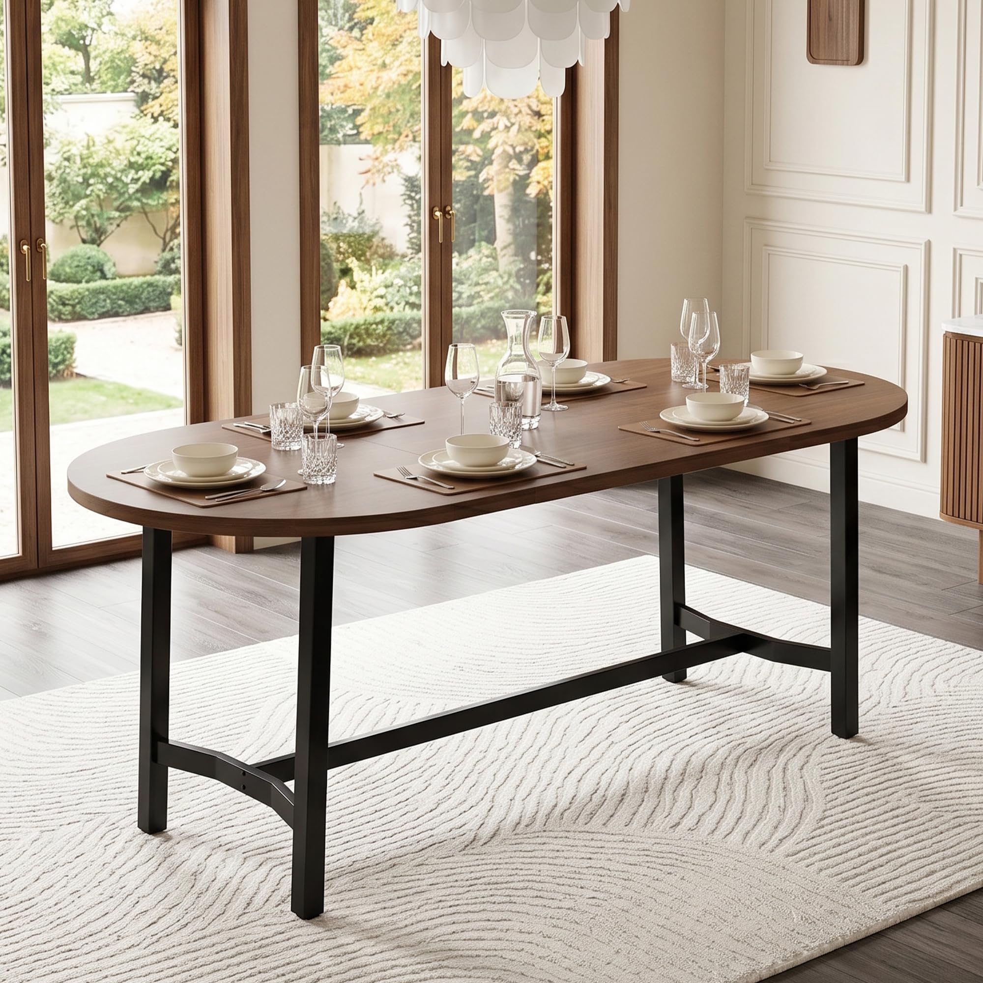 Mesa de comedor 180 x 80 x 75 cm, adecuada para 6 – 8 personas, con esquinas redondeadas, estilo sencillo, patas de mesa de hierro, color nogal, nogal