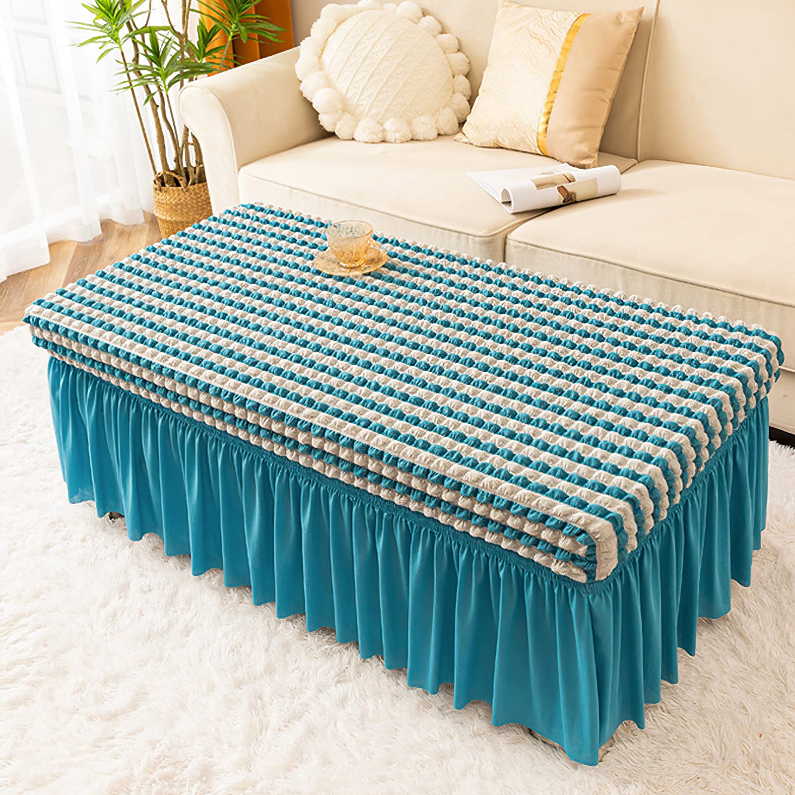 rismart Rectangle Polyester Elastic Coffee Table Cloth Cover Skirt Stain Resistant Tablecloths with Lace Edge Beige Blue,M - Image 4