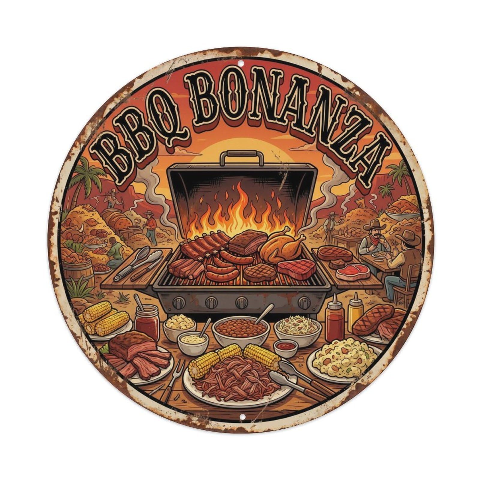 Yrnq Vintage Style Vintage Bbq Barbecue Bonanza Artwork Metal Tin Sign Plaque Wall Decor For Cafe, Club, Garden Round Metal Poster 8X8inch