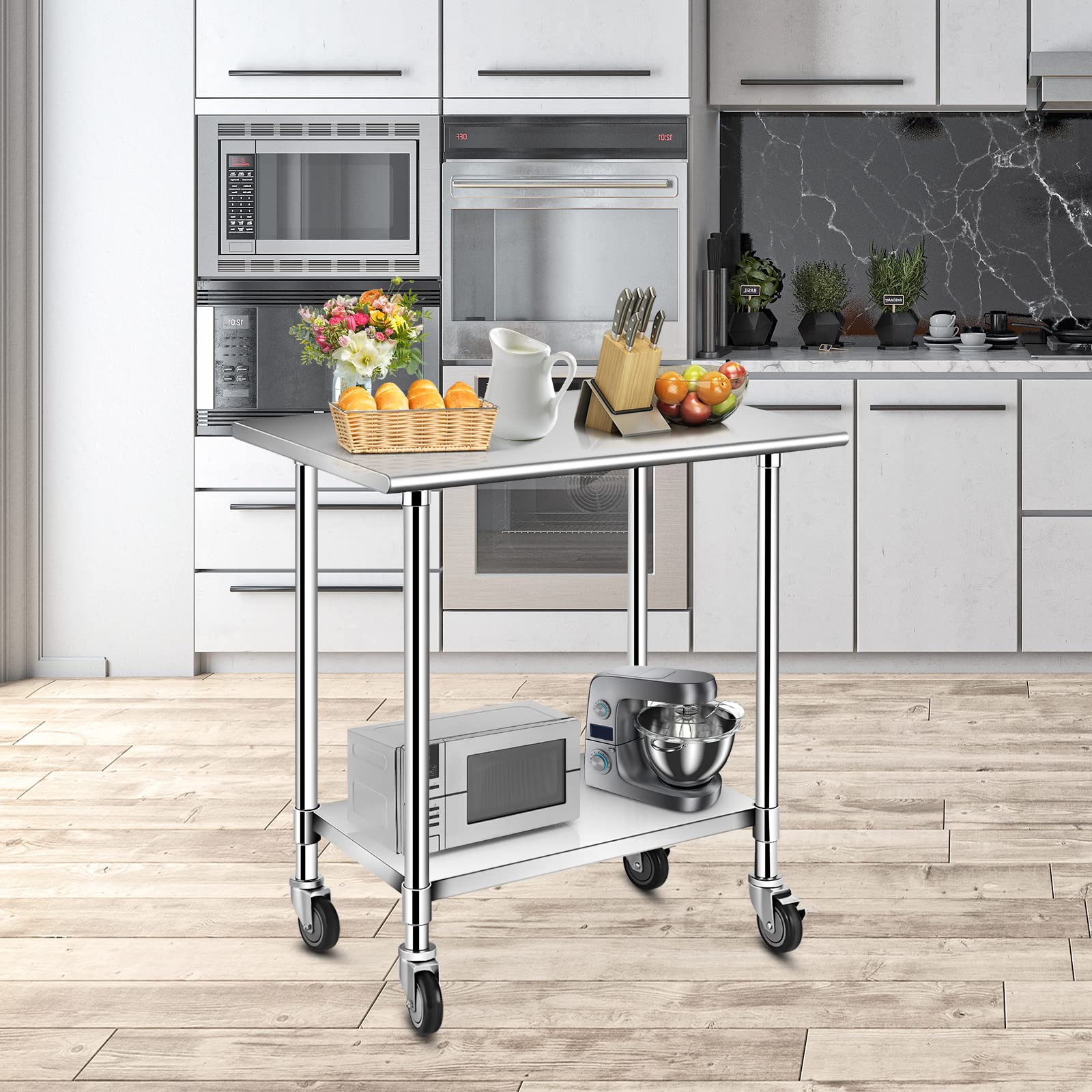 GIANTEX Tavolino da Lavoro, Banco da Lavoro, Tavolo in metallo con Ruote, Tavolo da Cucina in Acciaio, Ideale per Supermercato, Ristorante e Negozio, Elevata Capacità di Carico, Argento