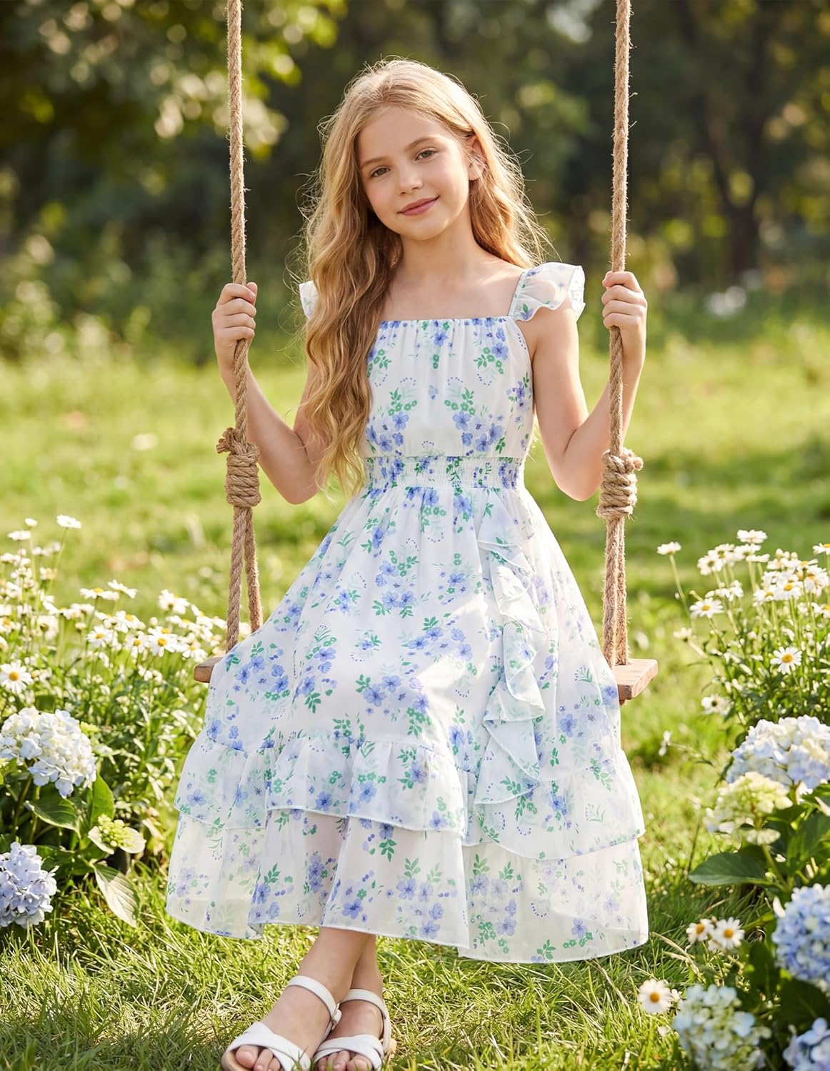 GRACE KARIN Girls Flutter Sleeve Smocked Floral Dresses, Kids Easter Spring Summer Dress, Teen Hawaiian Maxi Long Dresses - Image 9