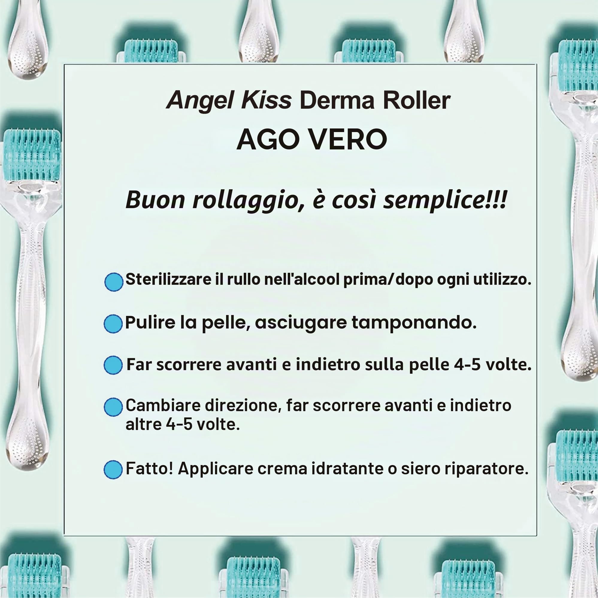 Angel Kiss Derma Roller 0,5 mm aghi veri – 192 singoli aghi in titanio – Rullo per microneedling per viso, corpo, barba, cuoio capelluto e cura della pelle