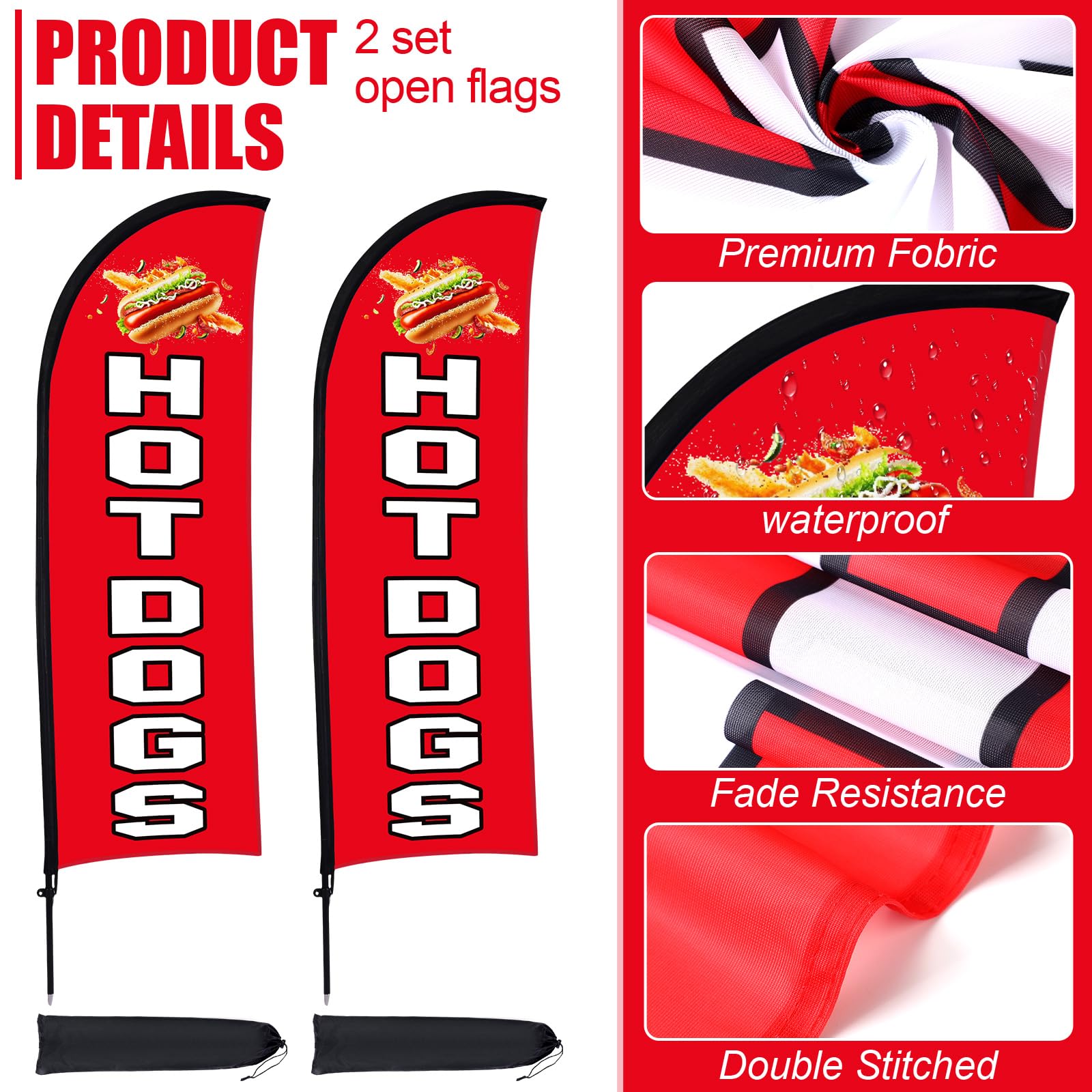 Buryeah 2 Sets Hot Dogs Federflaggen-Set, 2,1 x 1,6 m, Hot Dogs Swooper Flaggenmast Kit mit Stange, Erdspieß und tragbarer Tasche, Hot Dog-Schild für Restaurant, Werbung, Geschäft, Außenboden